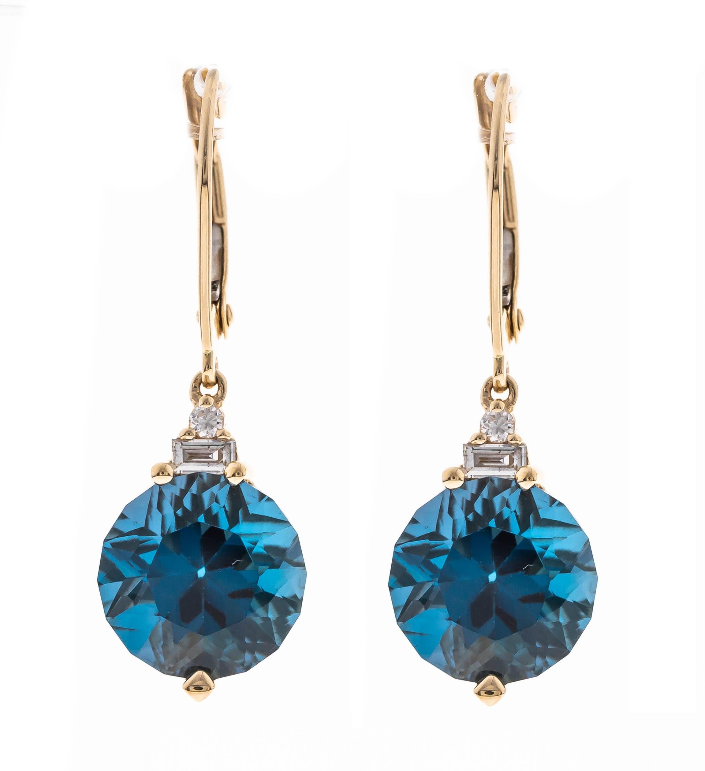 Brilliant Cut 6.27 Carat Fancy-Cut London Blue Topaz Diamond Accents 14K Yellow Gold Earring For Sale