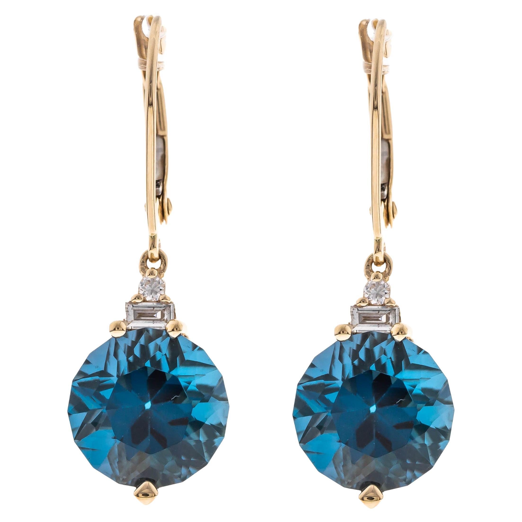 6.27 Carat Fancy-Cut London Blue Topaz Diamond Accents 14K Yellow Gold Earring For Sale