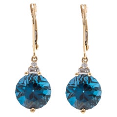 Vintage 6.27 Carat Fancy-Cut London Blue Topaz Diamond Accents 14K Yellow Gold Earring