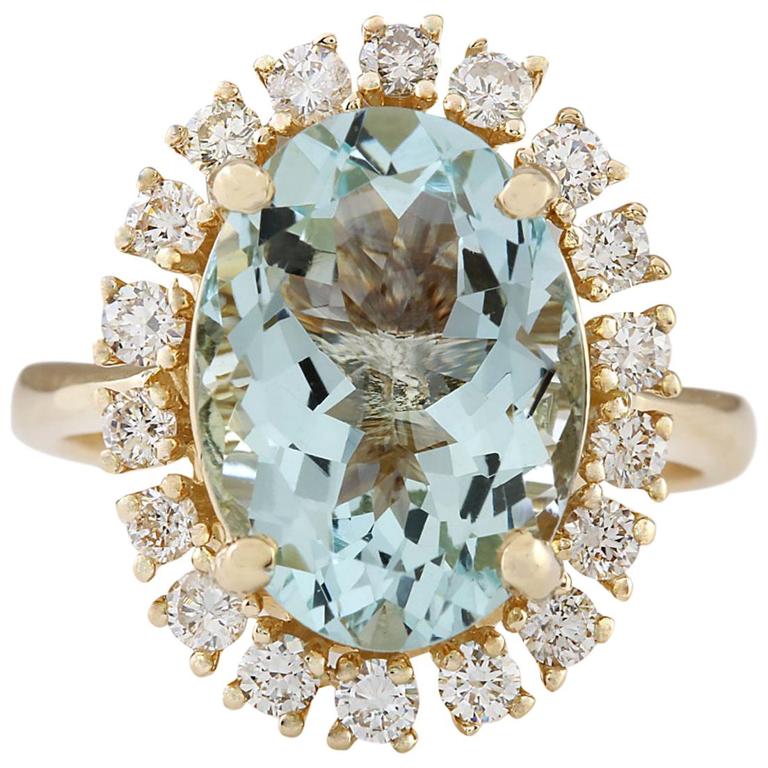 Aquamarine Diamond Ring In 14 Karat Yellow Gold  For Sale