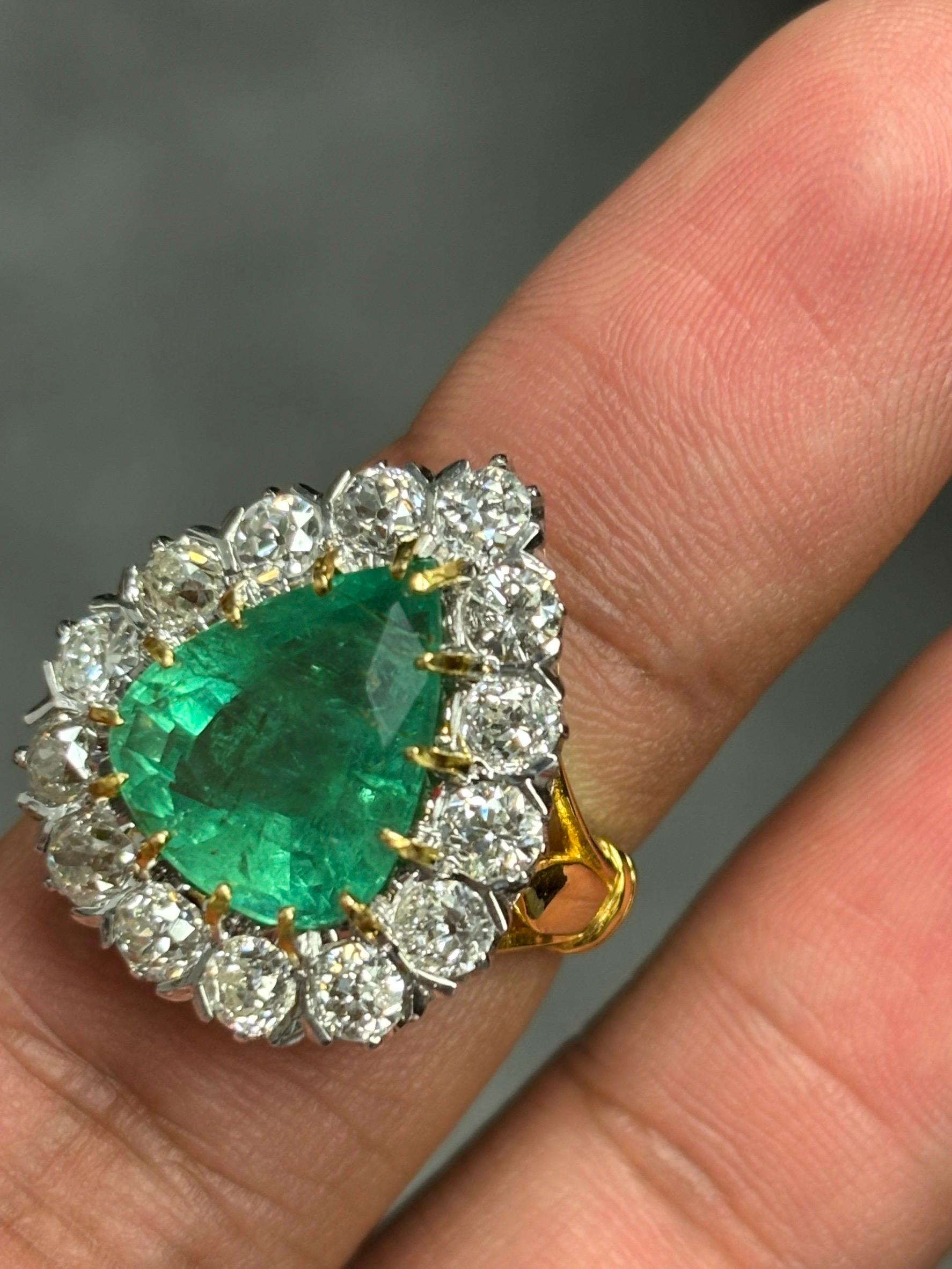 Art Deco 6.27ct pear Panjshir Emerald & OMC Diamond Cocktail Ring in 18K Yellow Gold