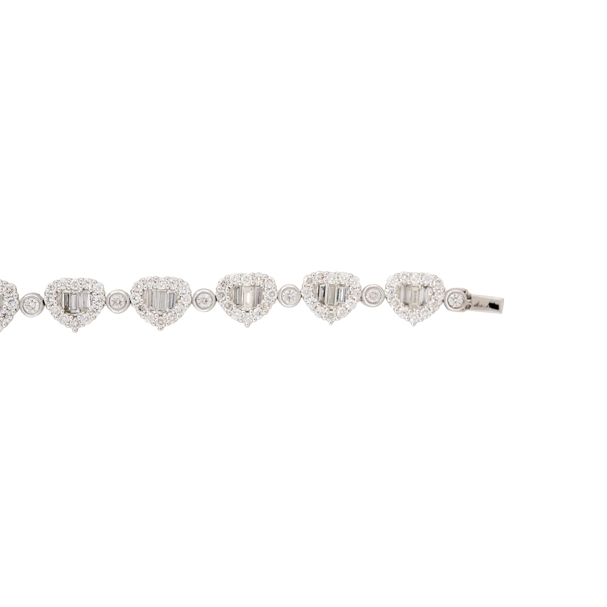 Baguette Cut 6.27 Carat Pave Diamond Heart Shaped Station Bracelet 18 Karat In Stock For Sale