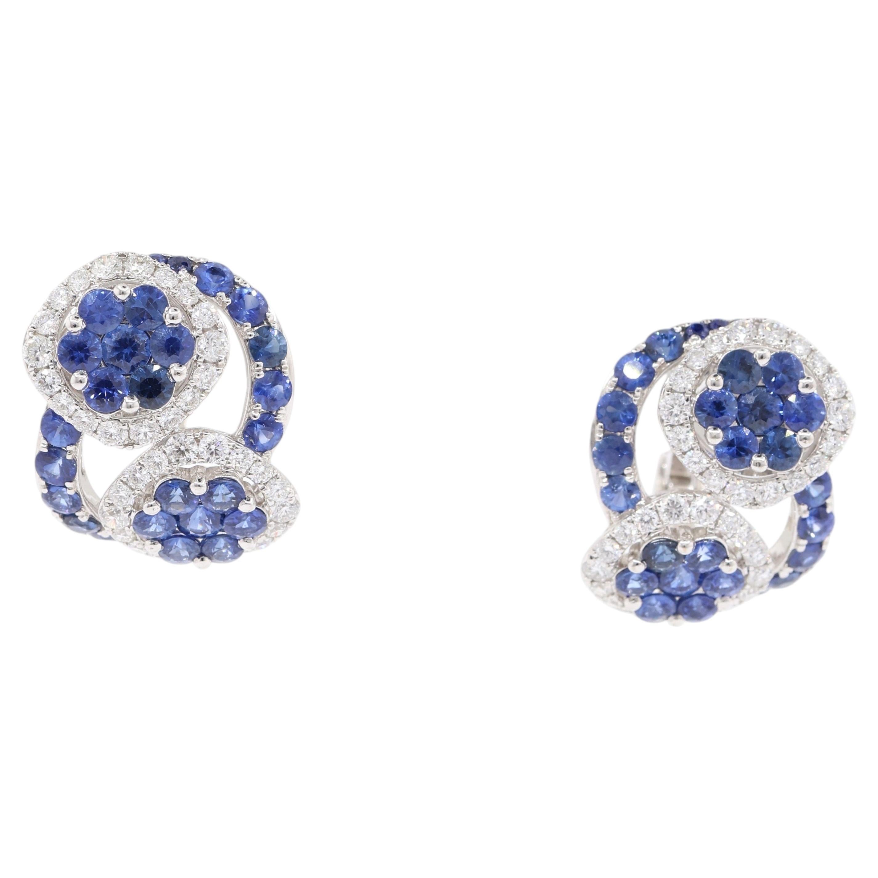 6.27 Carat Sapphire Diamond Cluster Halo Earrings in 18K White Gold Omega Back