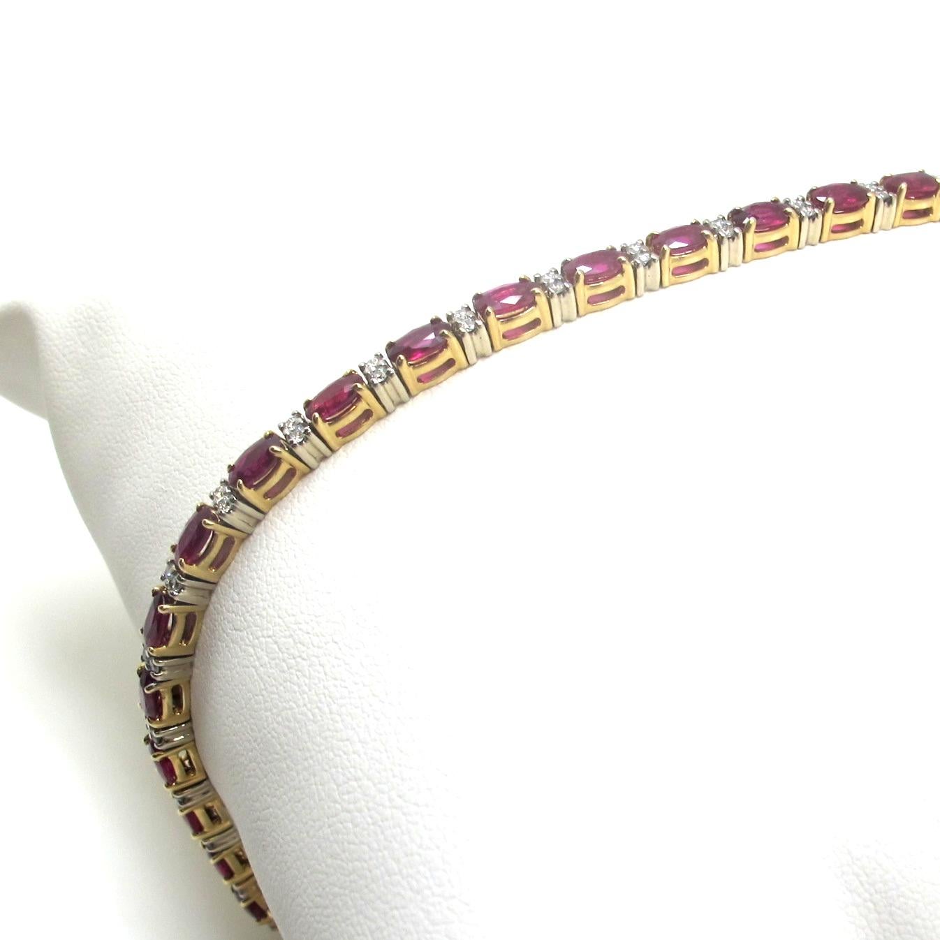 6.27 Carat Total Ruby and Diamond, Yellow and White Gold Tennis Bracelet For Sale 1