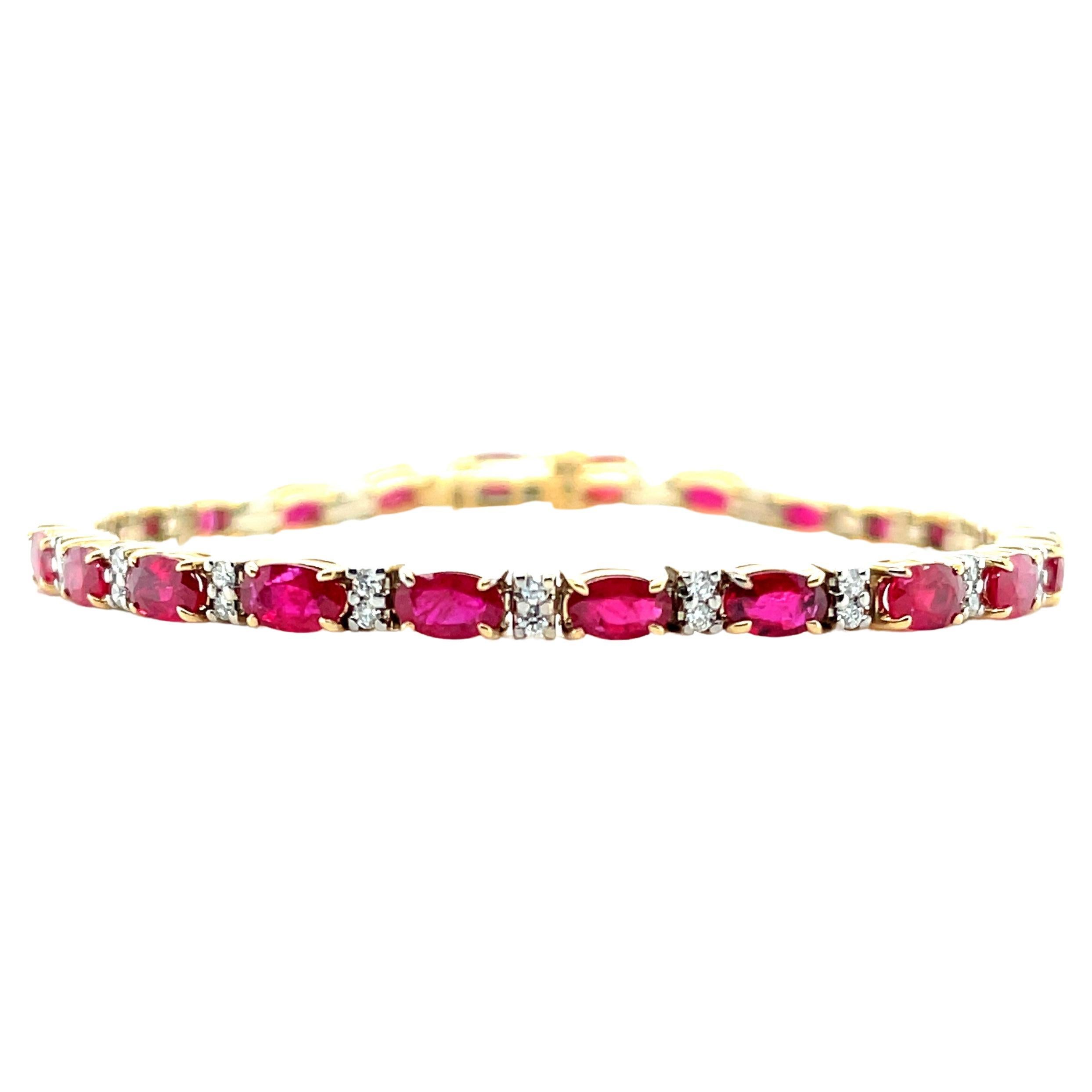 6.27 Carat Total Ruby and Diamond, Yellow and White Gold Tennis Bracelet For Sale