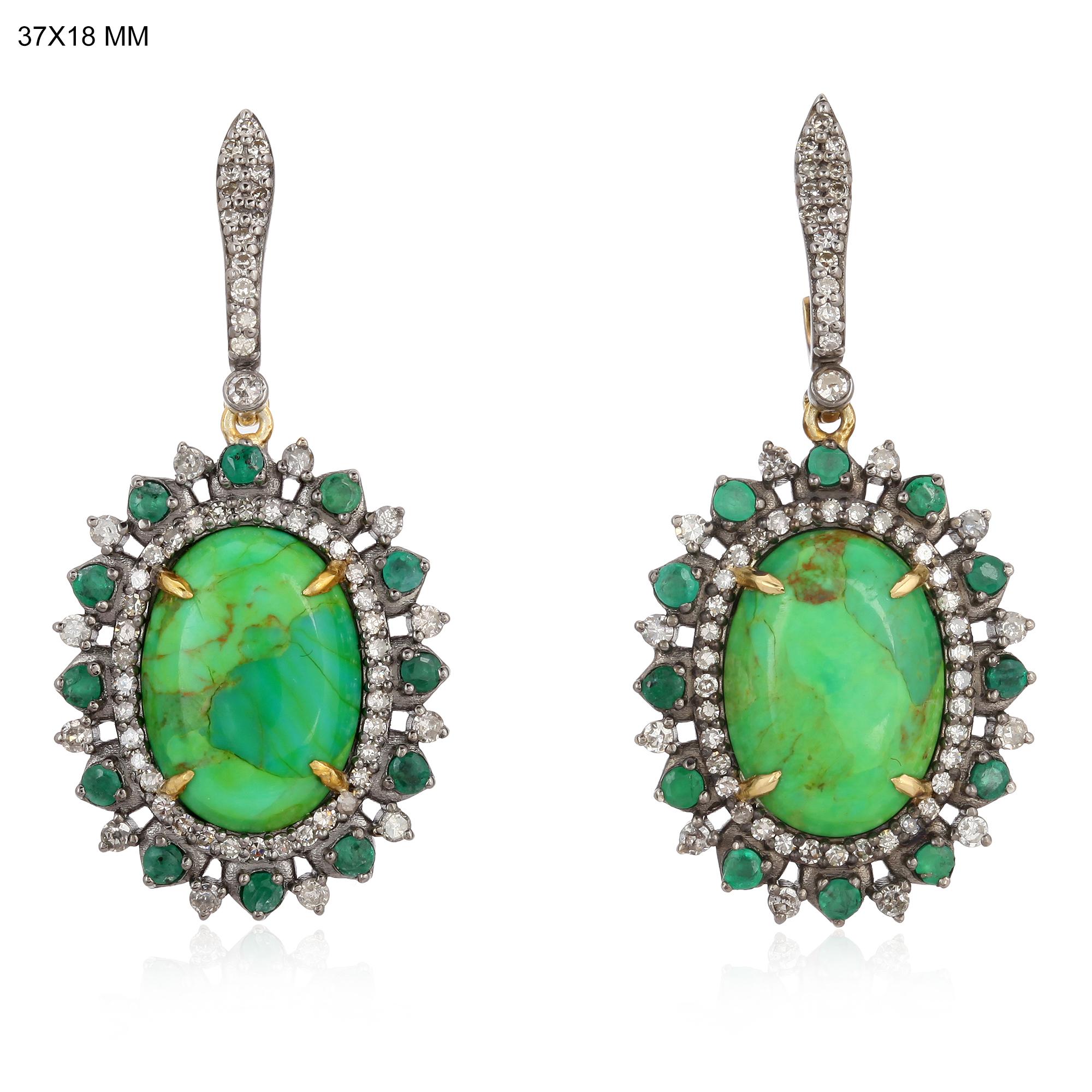 Mixed Cut 6.27 Carat Turquoise Emerald Diamond Earrings For Sale