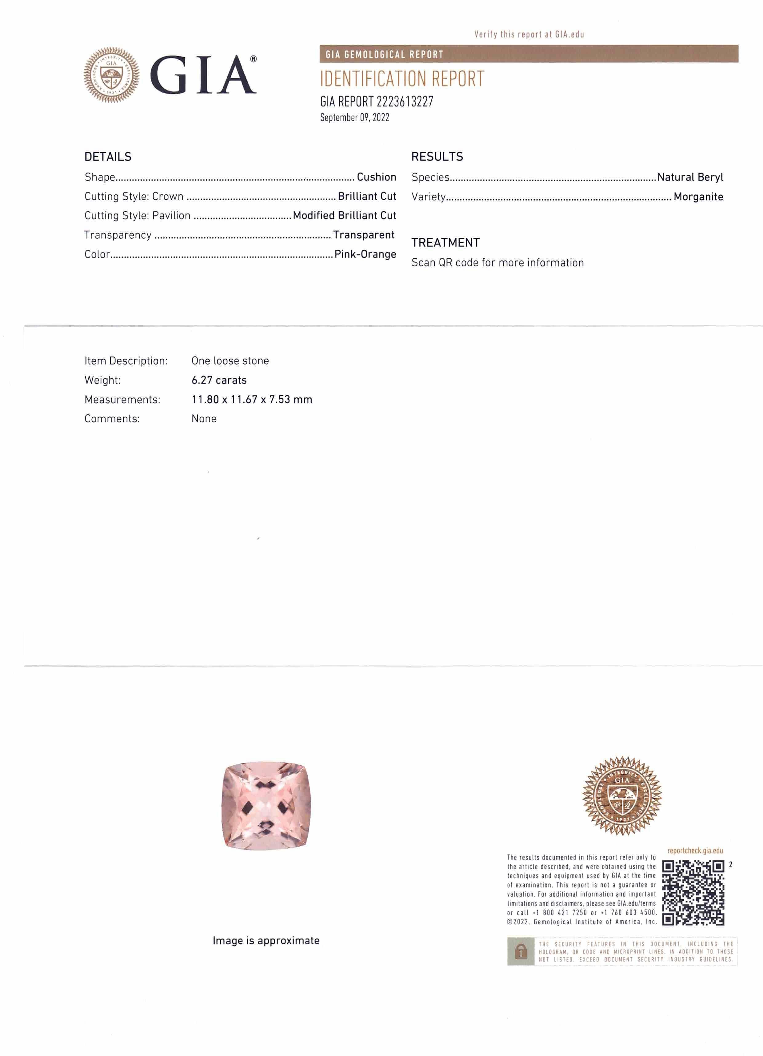 Morganite rose-orange taille coussin de 6,27 carats certifiée GIA Neuf - En vente à Toronto, Ontario