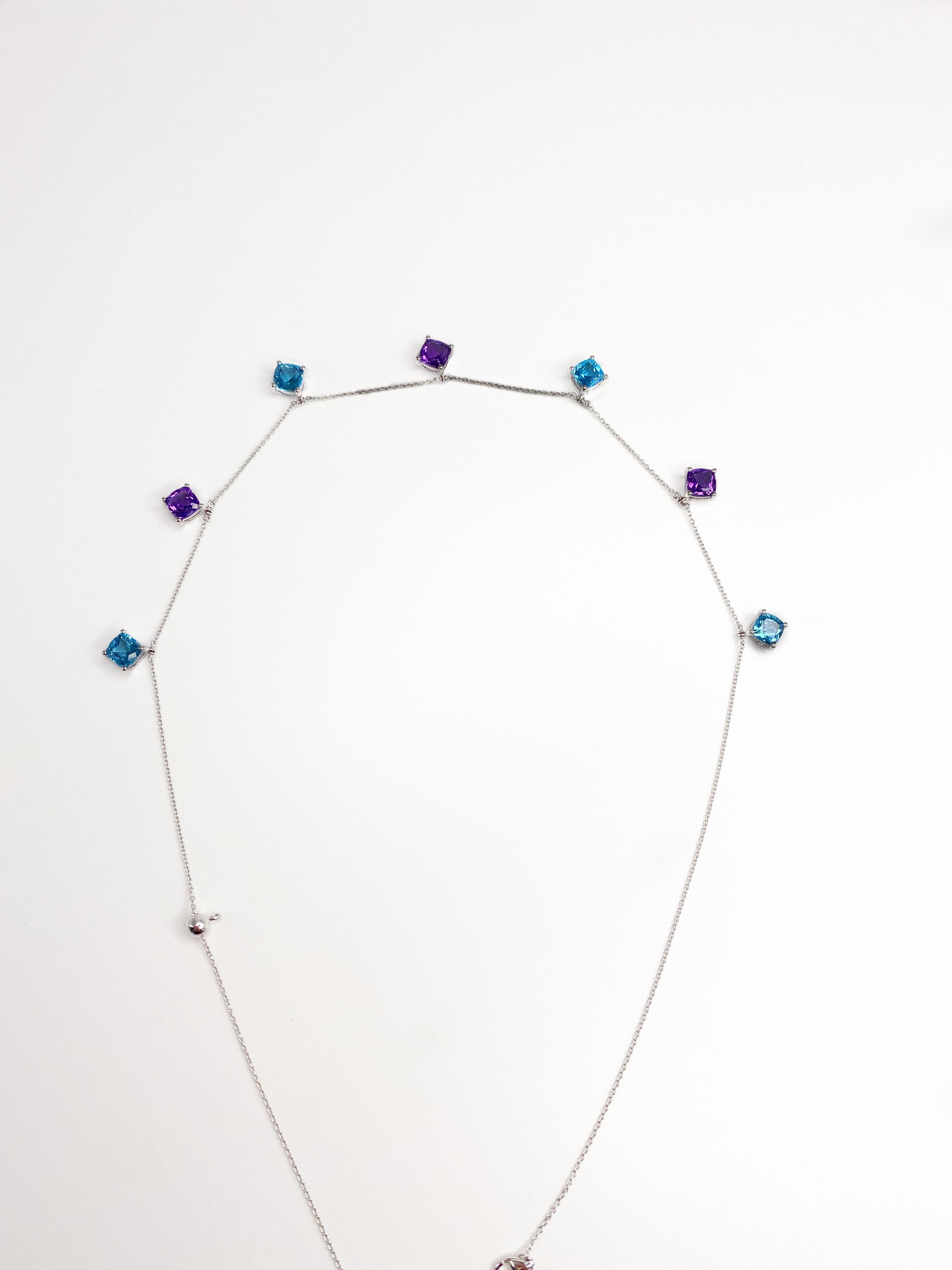 ALPENGEM’s choker necklaces is a modern range of timeless gemstone jewelry. The adjustable chain regulates the length of the necklace, so you can wear it as a chocker or on your collarbones. The delicate 18 K white gold chain holds 7 multicolored