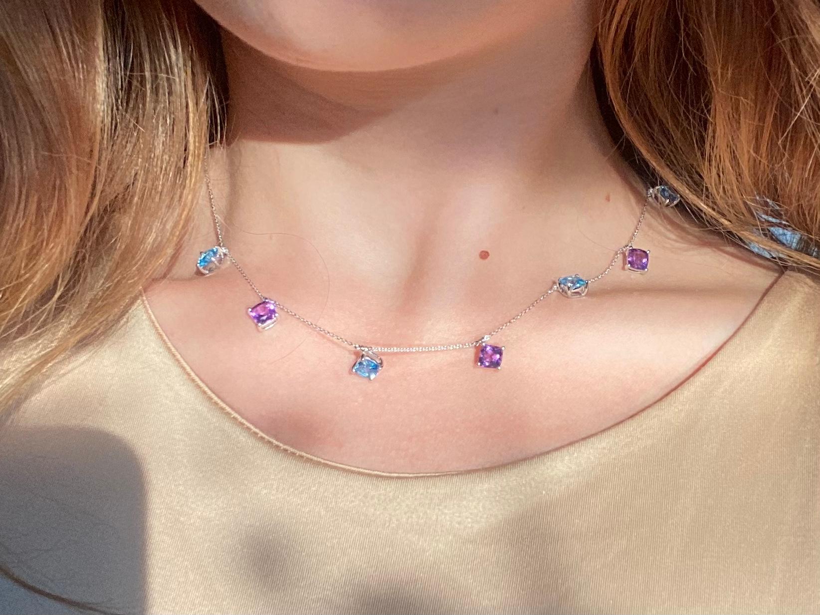 6.28 Carat Blue Topaz Amethyst 18 Karat White Gold Chocker Necklace In New Condition For Sale In Montreux, VD