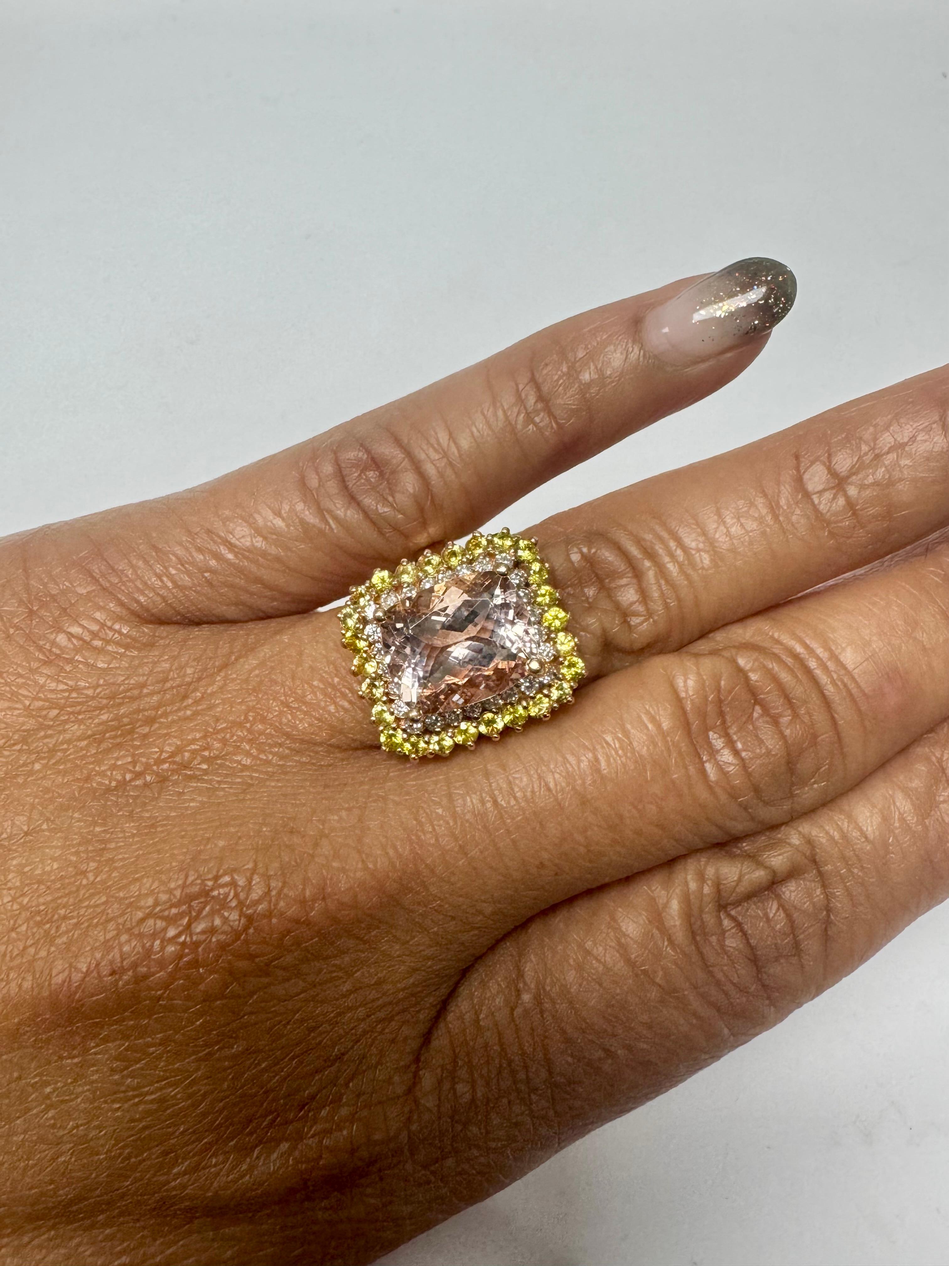 6.28 Carat Cushion Cut Morganite Diamond Sapphire Rose Gold Cocktail Ring For Sale 5