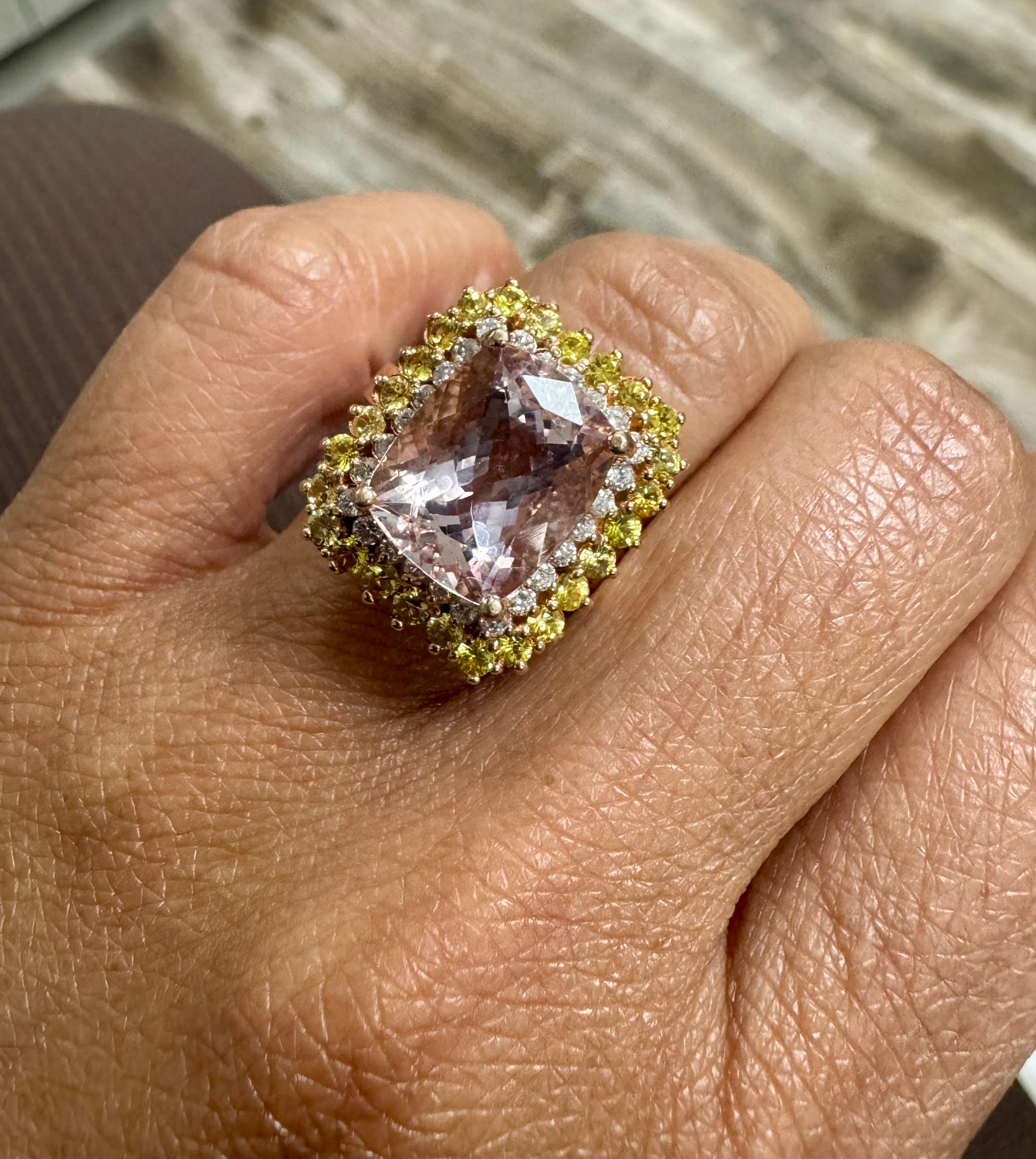 6.28 Carat Cushion Cut Morganite Diamond Sapphire Rose Gold Cocktail Ring For Sale 7