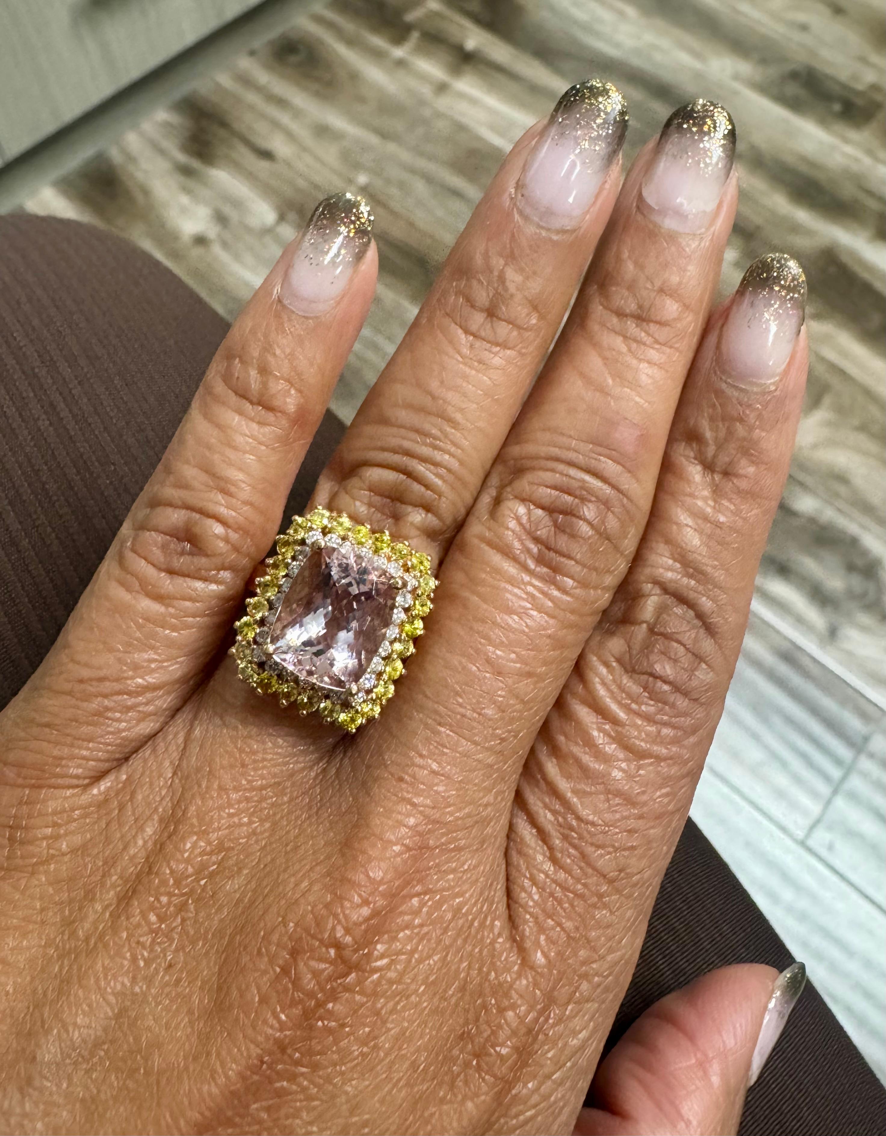 6.28 Carat Cushion Cut Morganite Diamond Sapphire Rose Gold Cocktail Ring For Sale 14