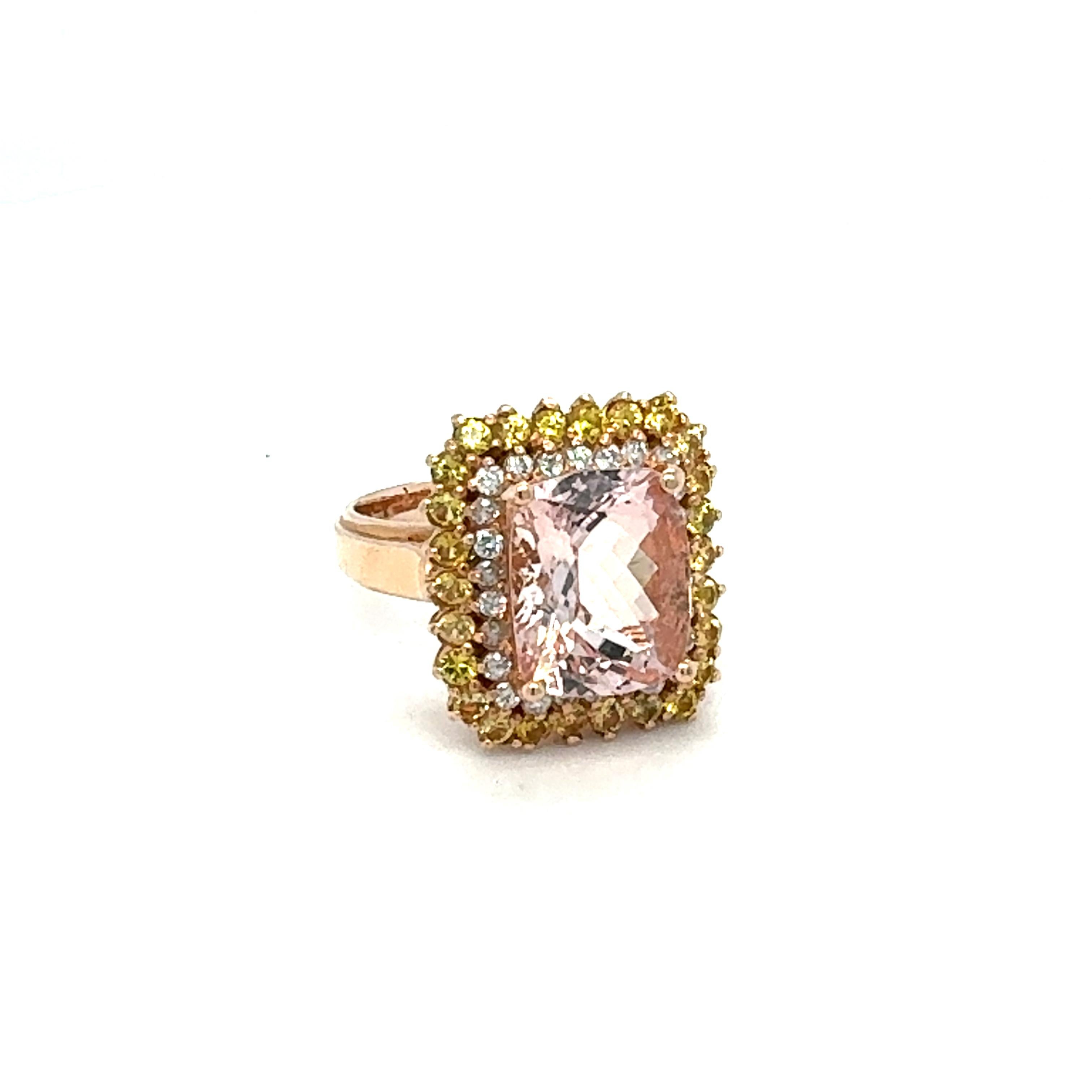 Contemporary 6.28 Carat Cushion Cut Morganite Diamond Sapphire Rose Gold Cocktail Ring For Sale