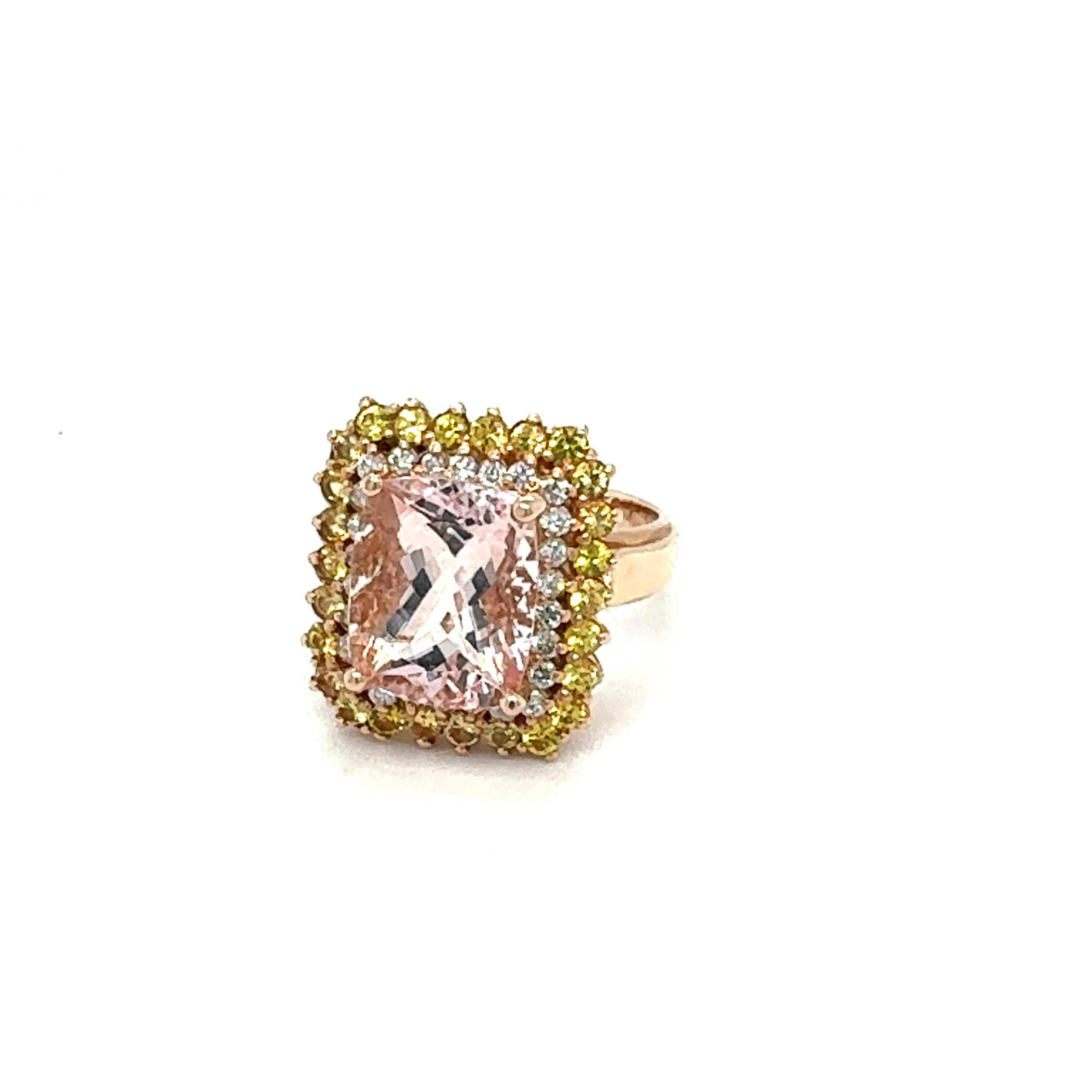 6.28 Carat Cushion Cut Morganite Diamond Sapphire Rose Gold Cocktail Ring In New Condition For Sale In Los Angeles, CA