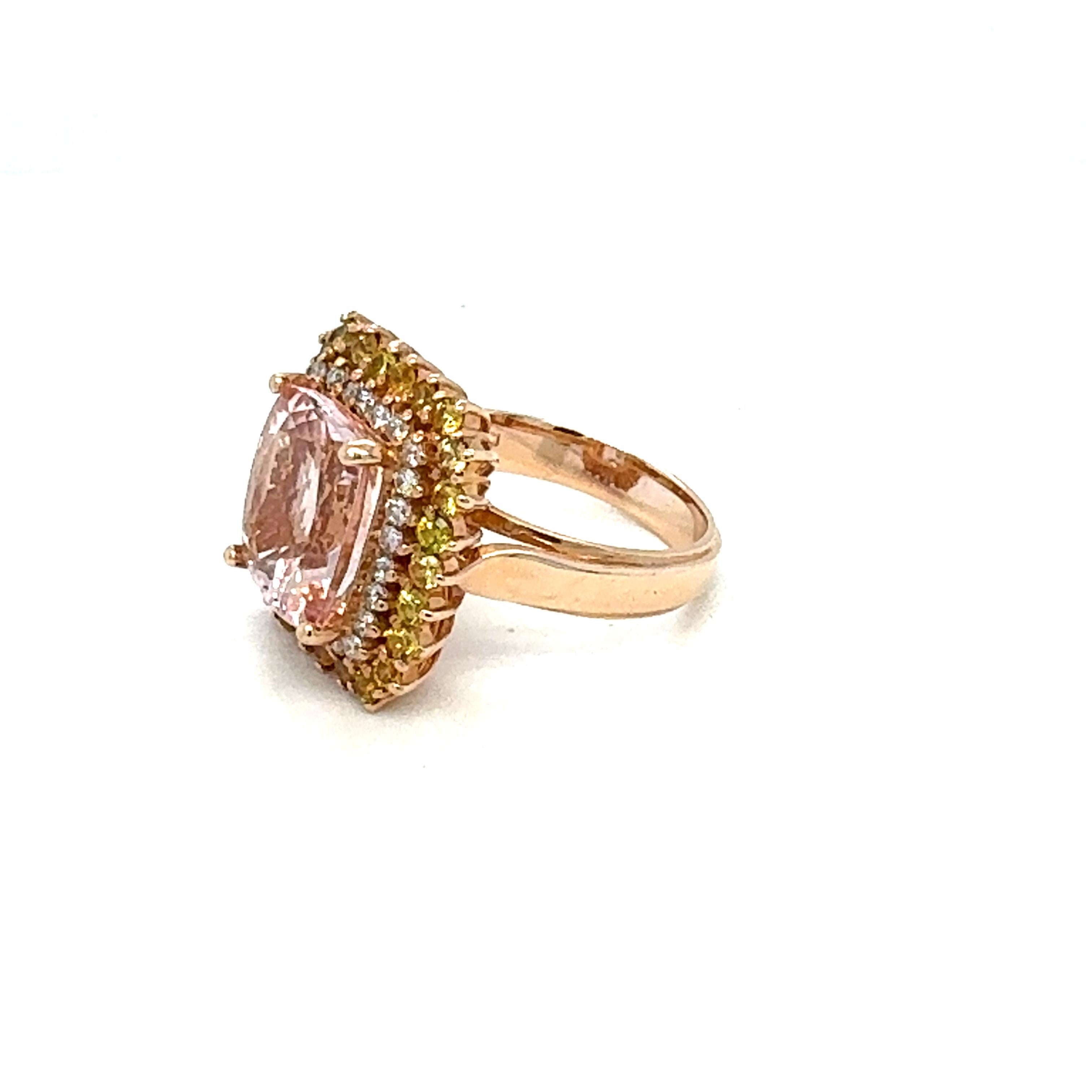 6.28 Carat Cushion Cut Morganite Diamond Sapphire Rose Gold Cocktail Ring For Sale 2