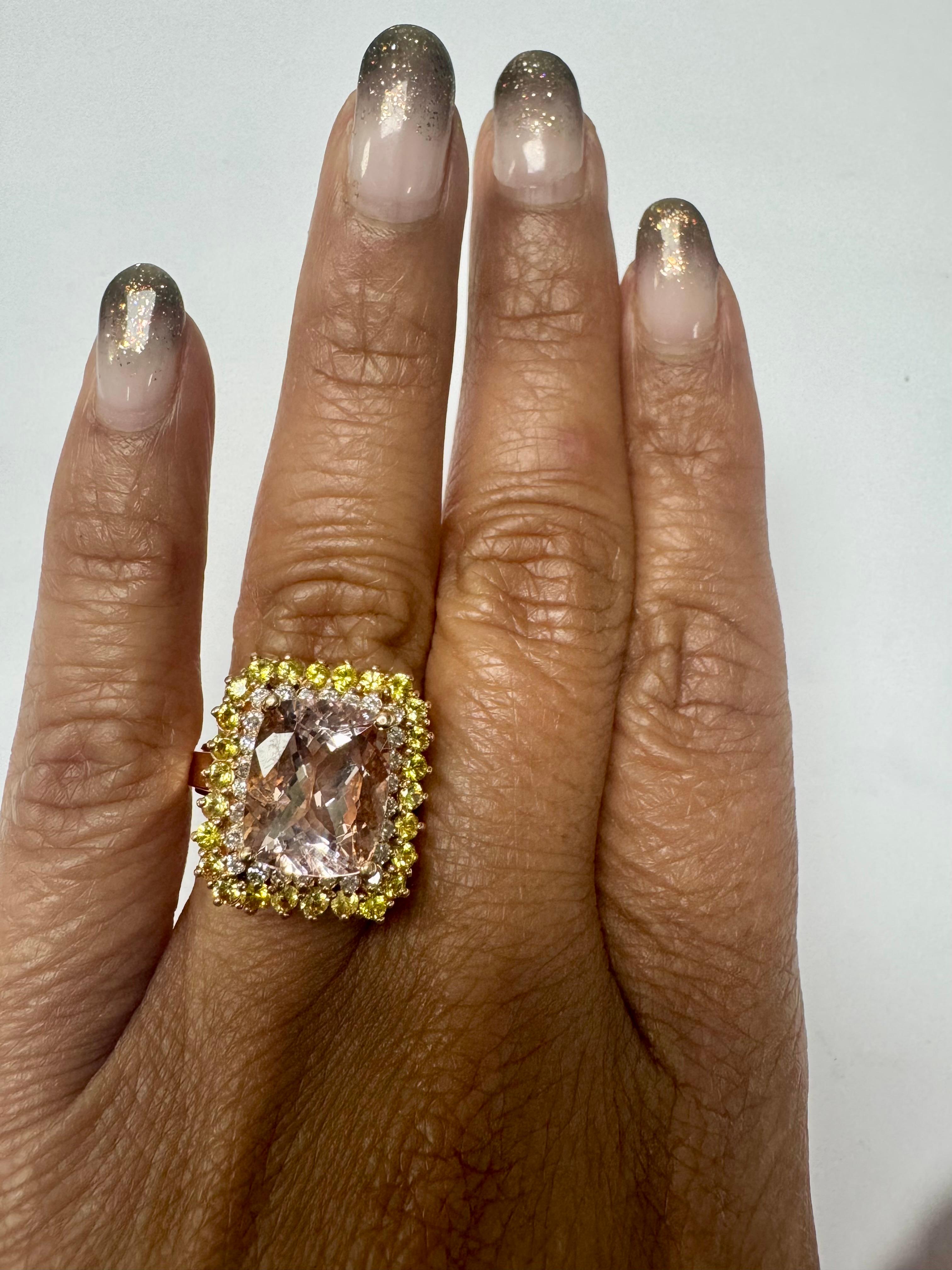 6.28 Carat Cushion Cut Morganite Diamond Sapphire Rose Gold Cocktail Ring For Sale 4
