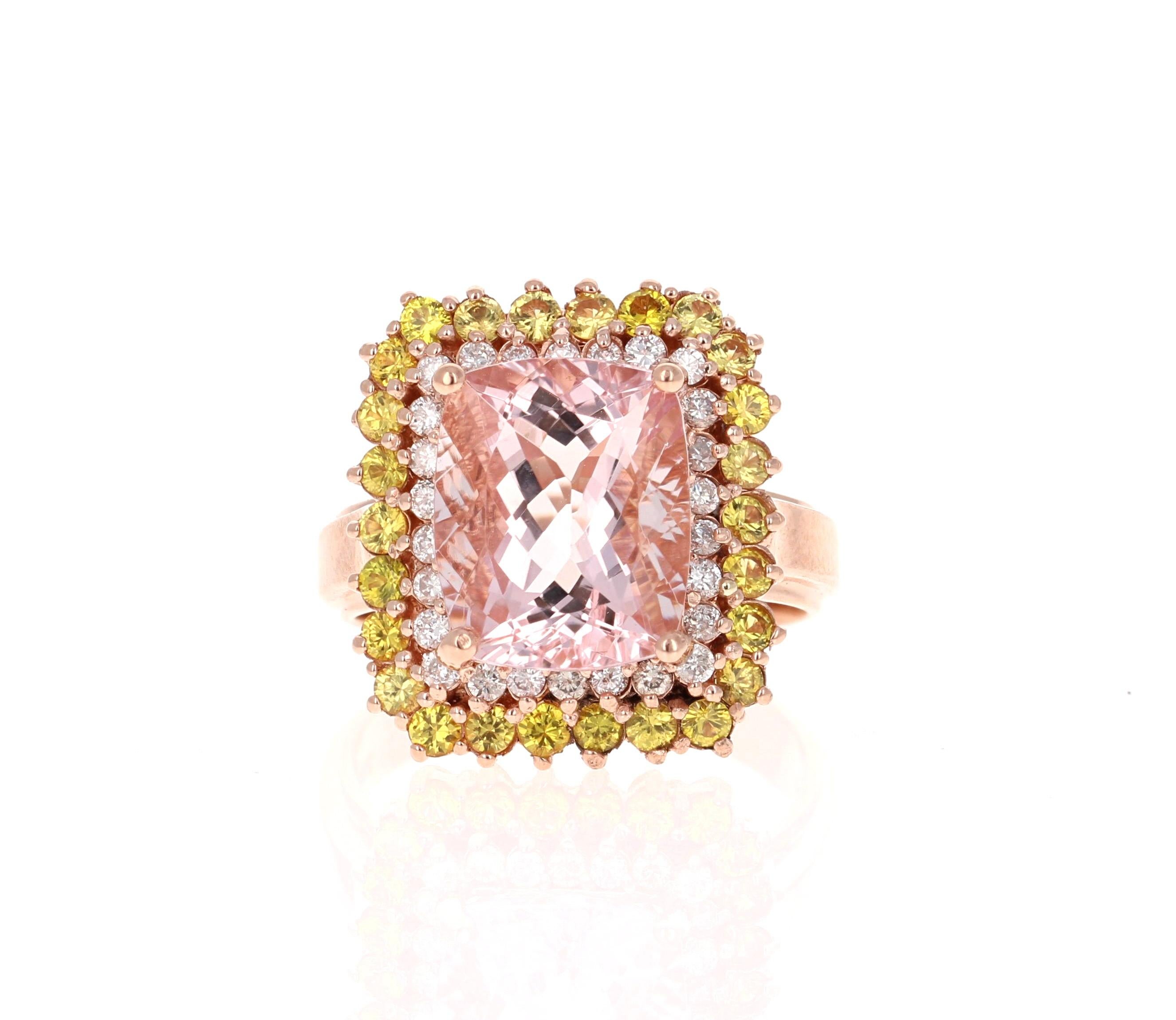 A lovely  Ring or as an alternate to a Pink Diamond Ring! 

This gorgeous and classy Morganite and Diamond Ring has a 5.03 Carat Cushion Cut Pink Morganite and is surrounded by a simple Halo of  26 Yellow Round Cut Sapphires that weigh 0.93 Carats