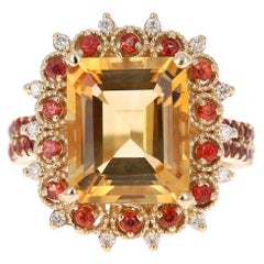 6.28 Carat Emerald Cut Citrine, Sapphire and Diamond 14 Karat Gold Ring