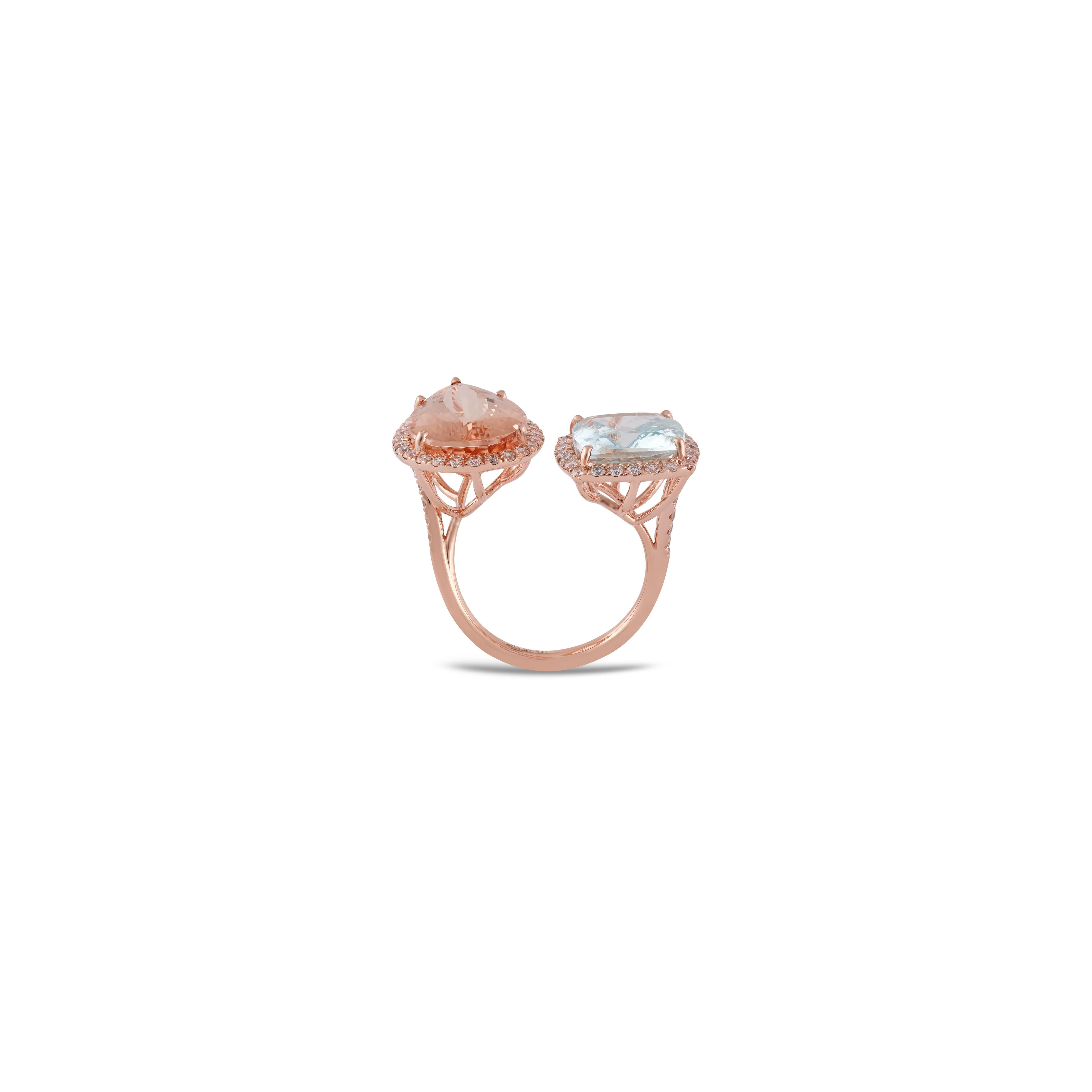 Modern 6.28 Carat Morganite, Aquamarine & Diamond 3 Stone Ring Set in 18K Rose Gold For Sale