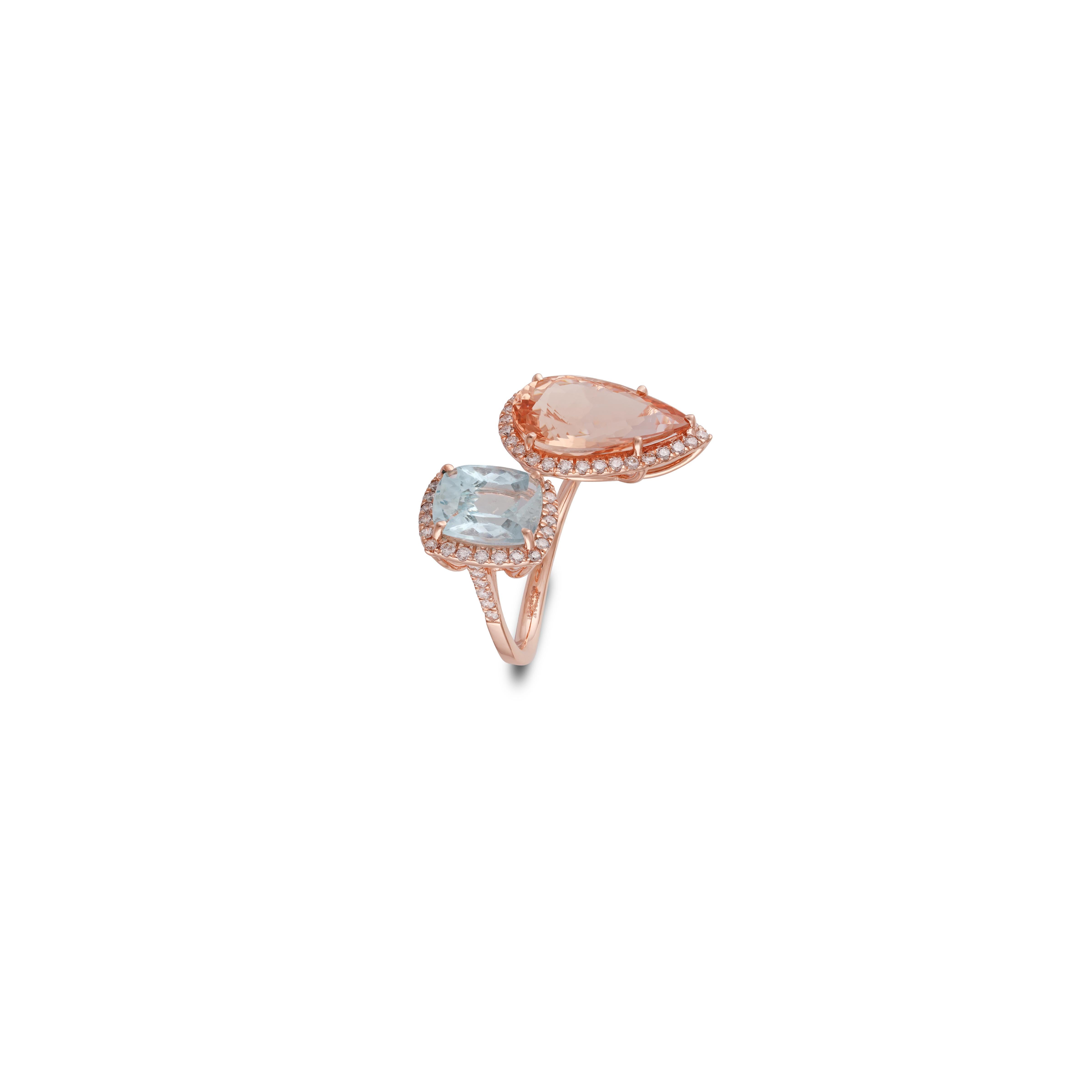 Mixed Cut 6.28 Carat Morganite, Aquamarine & Diamond 3 Stone Ring Set in 18K Rose Gold For Sale