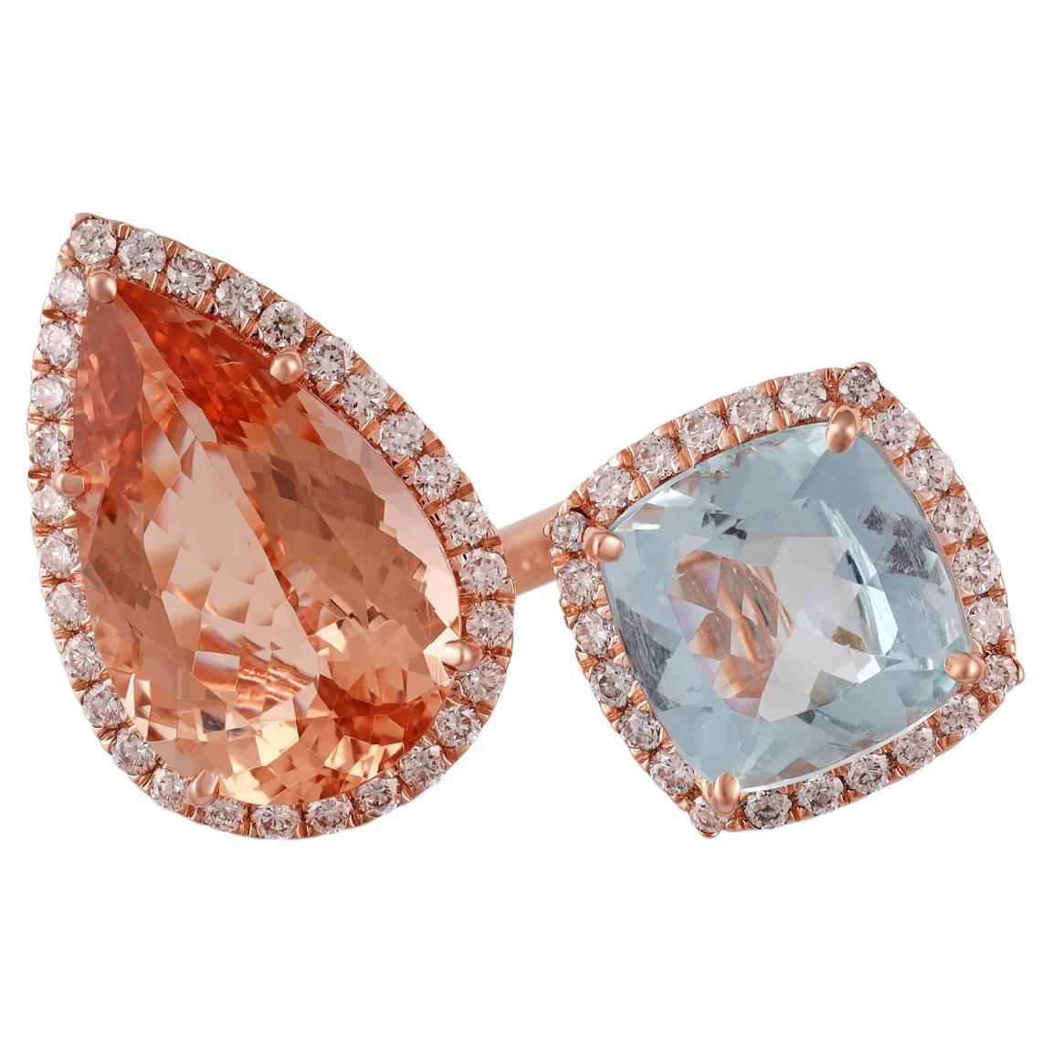 6.28 Carat Morganite, Aquamarine & Diamond 3 Stone Ring Set in 18K Rose Gold For Sale