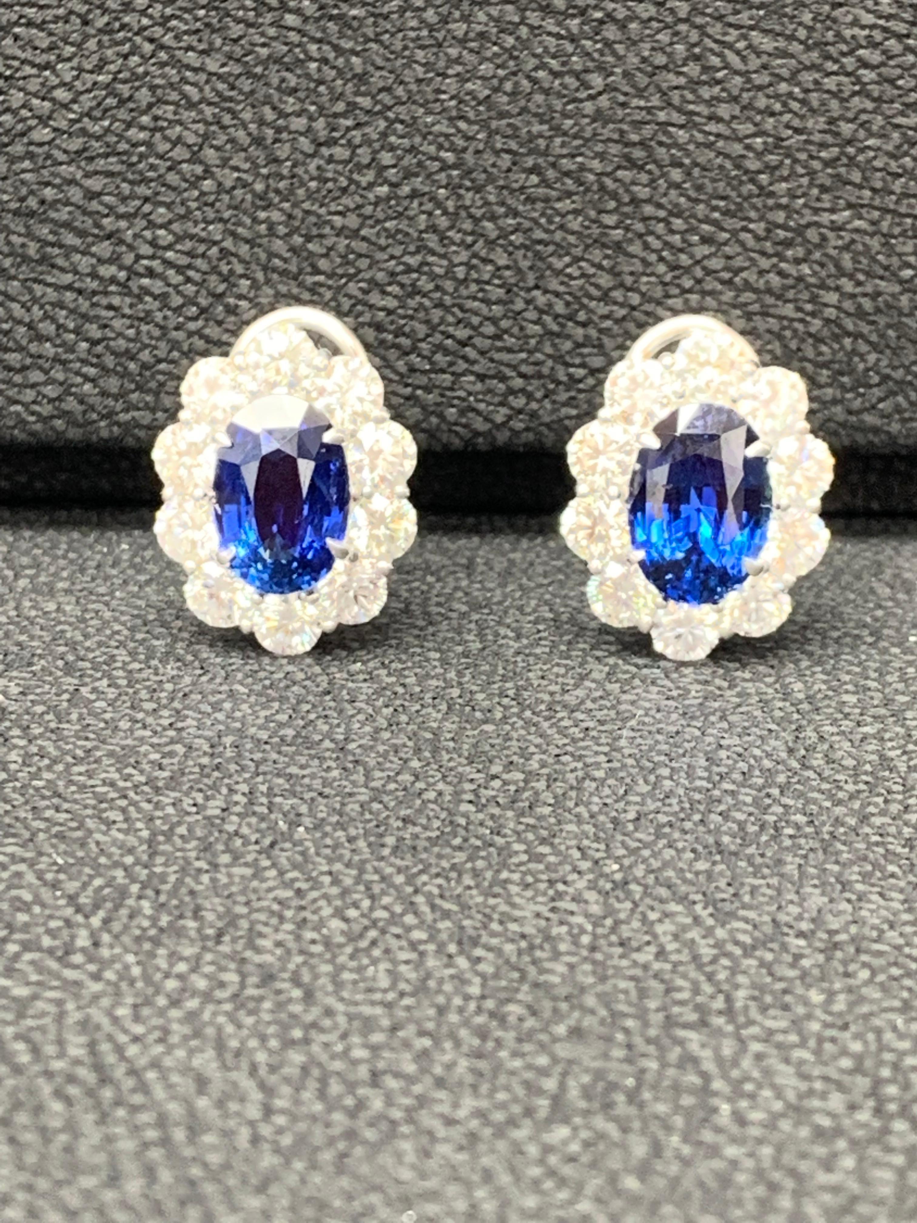 6.28 Carat Oval Cut Blue Sapphire and Diamond Halo Earrings in 18K White Gold For Sale 4