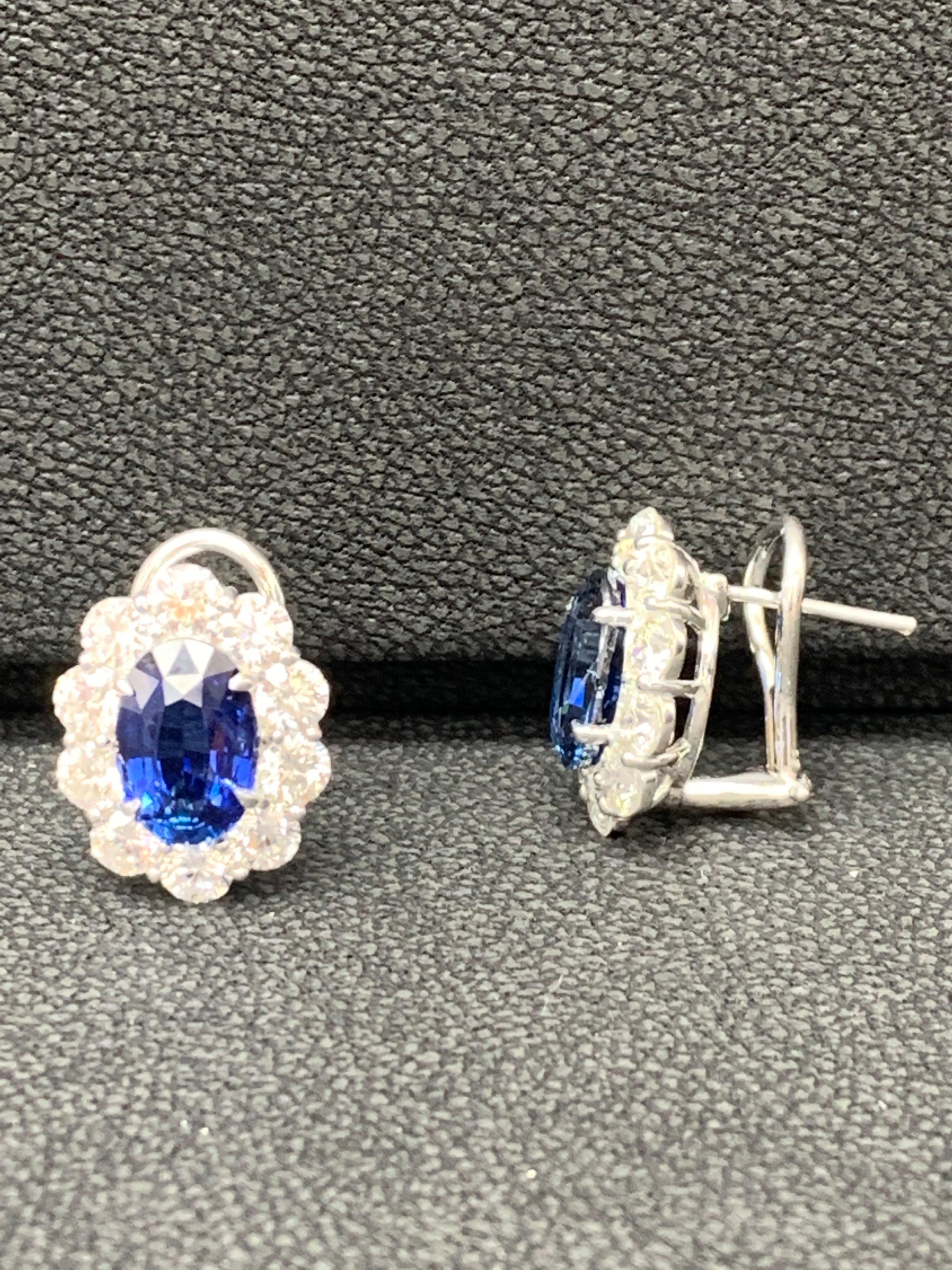 6.28 Carat Oval Cut Blue Sapphire and Diamond Halo Earrings in 18K White Gold For Sale 5