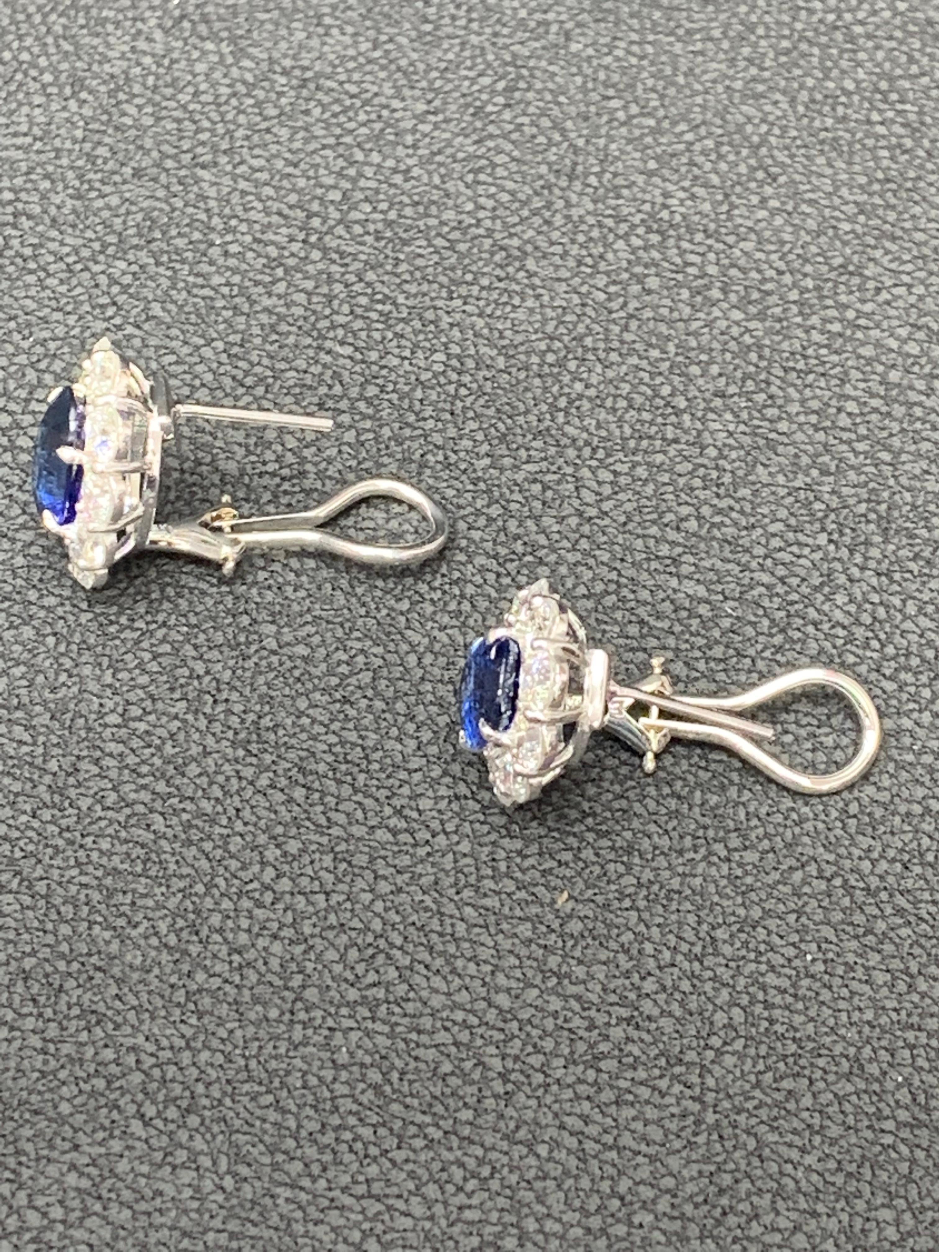 Modern 6.28 Carat Oval Cut Blue Sapphire and Diamond Halo Earrings in 18K White Gold For Sale