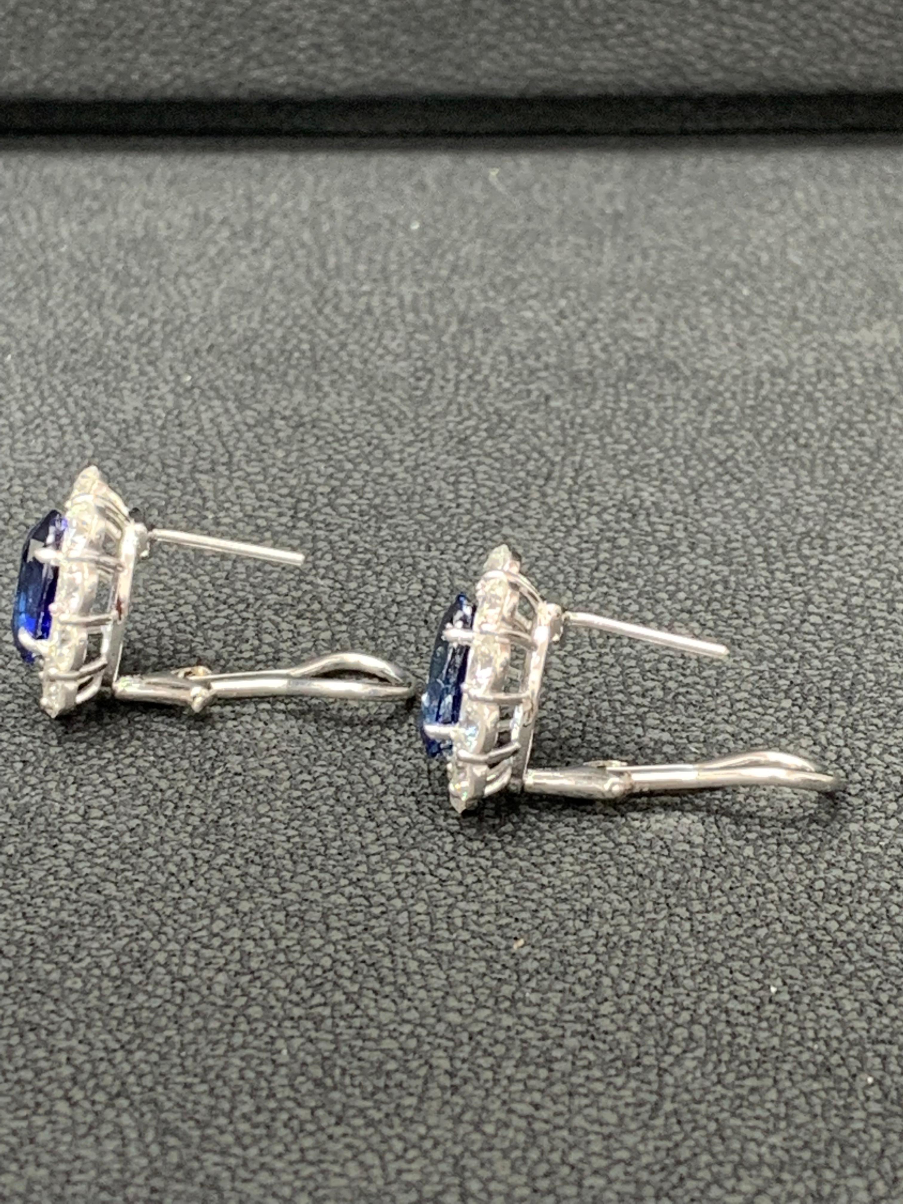6.28 Carat Oval Cut Blue Sapphire and Diamond Halo Earrings in 18K White Gold In New Condition For Sale In NEW YORK, NY