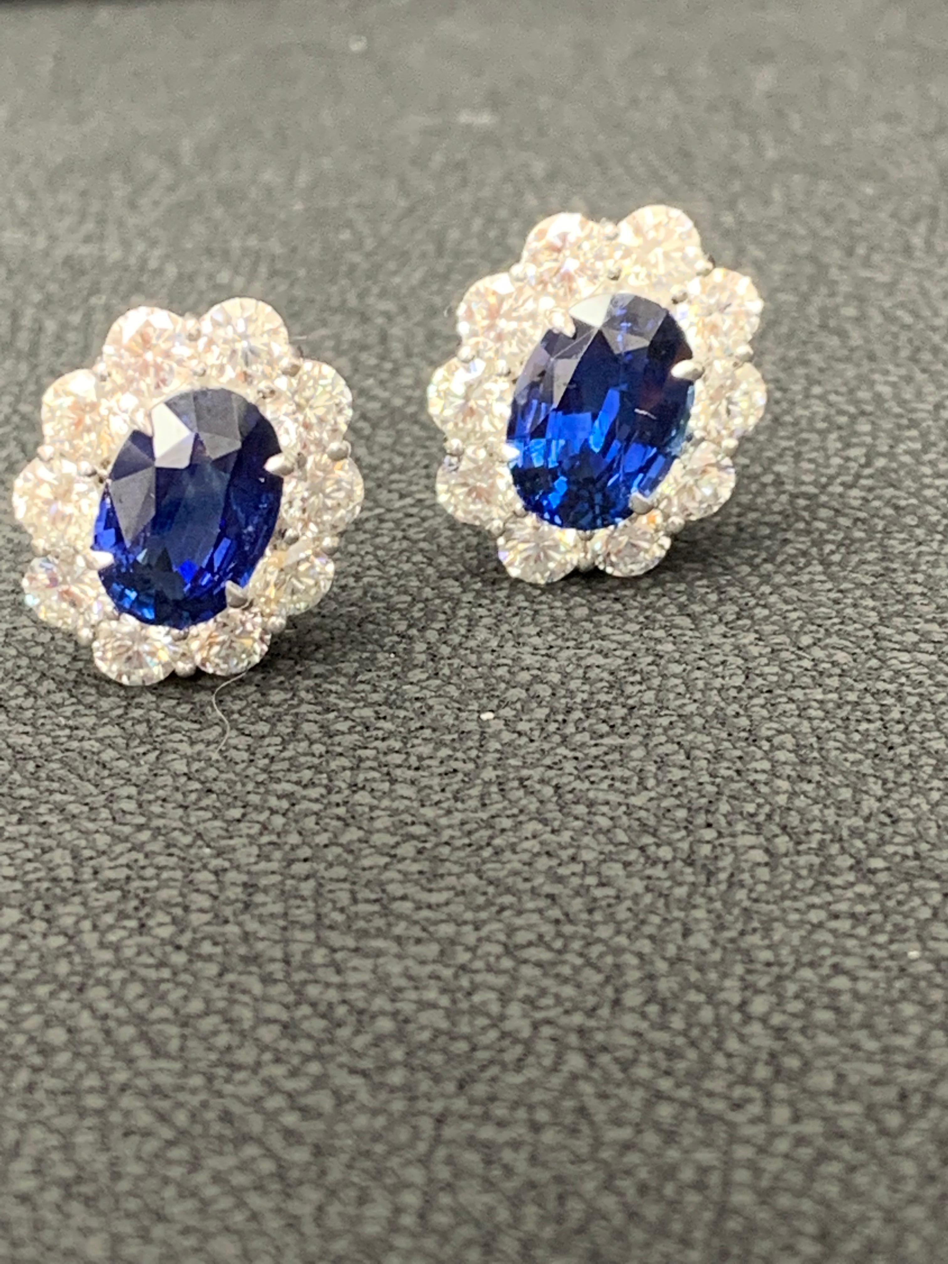 6.28 Carat Oval Cut Blue Sapphire and Diamond Halo Earrings in 18K White Gold For Sale 2