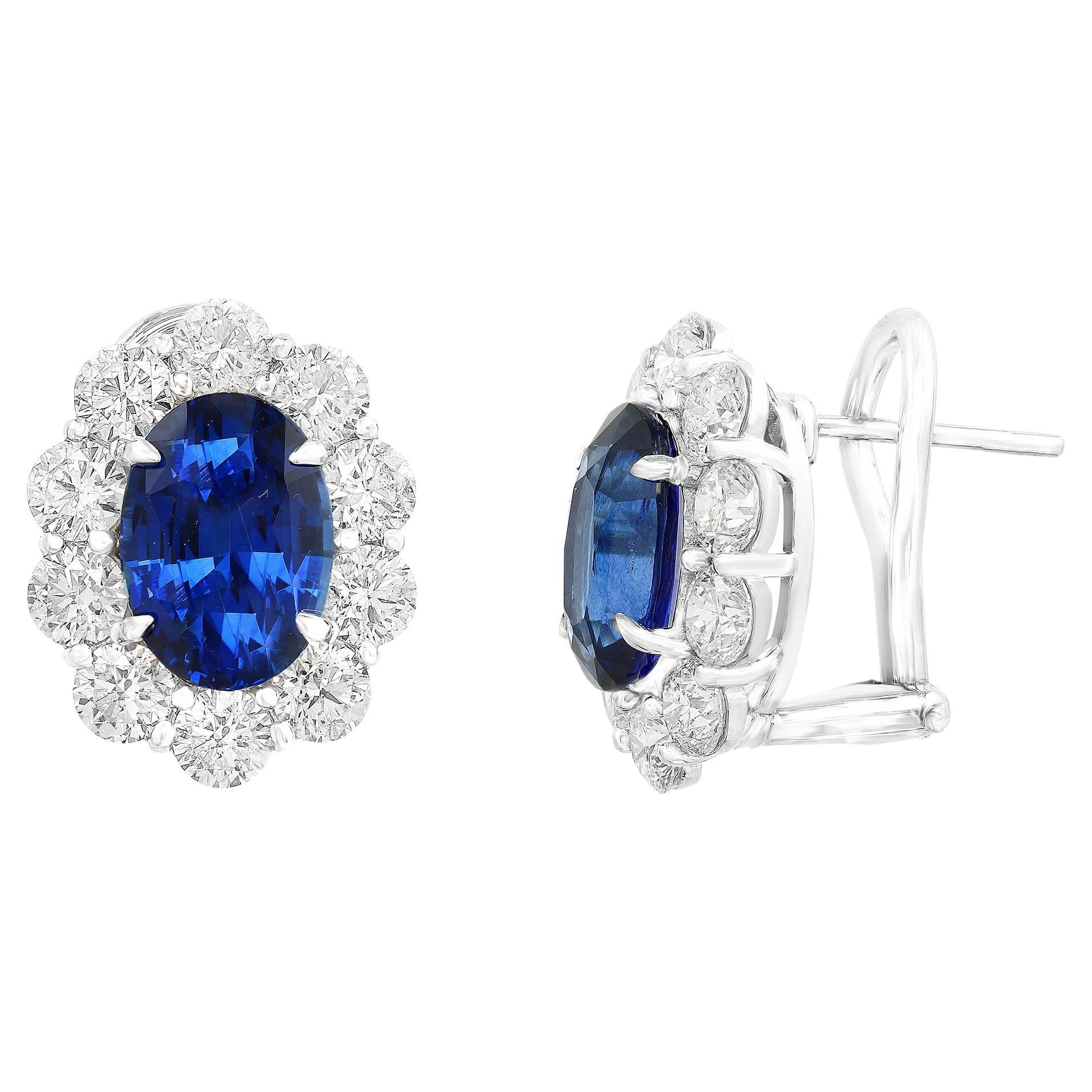 6.28 Carat Oval Cut Blue Sapphire and Diamond Halo Earrings in 18K White Gold