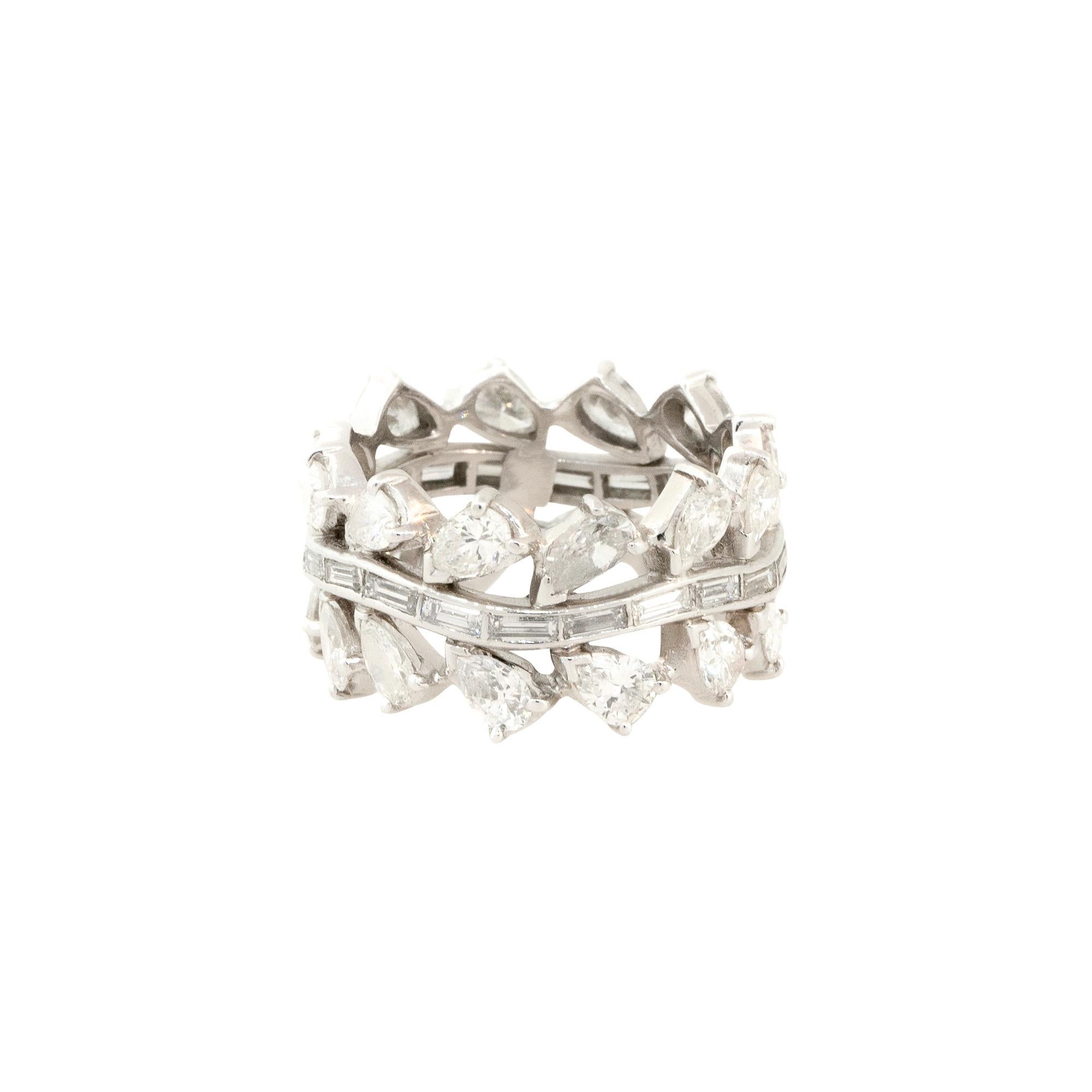 6.28 Carat Pear and Baguette Cut Diamond Platinum Eternity Ring in Stock In Excellent Condition For Sale In Boca Raton, FL