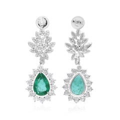 6.28 Carat Pear Zambian Emerald Earrings 4.45 Carat SI/H Diamond 18k White Gold