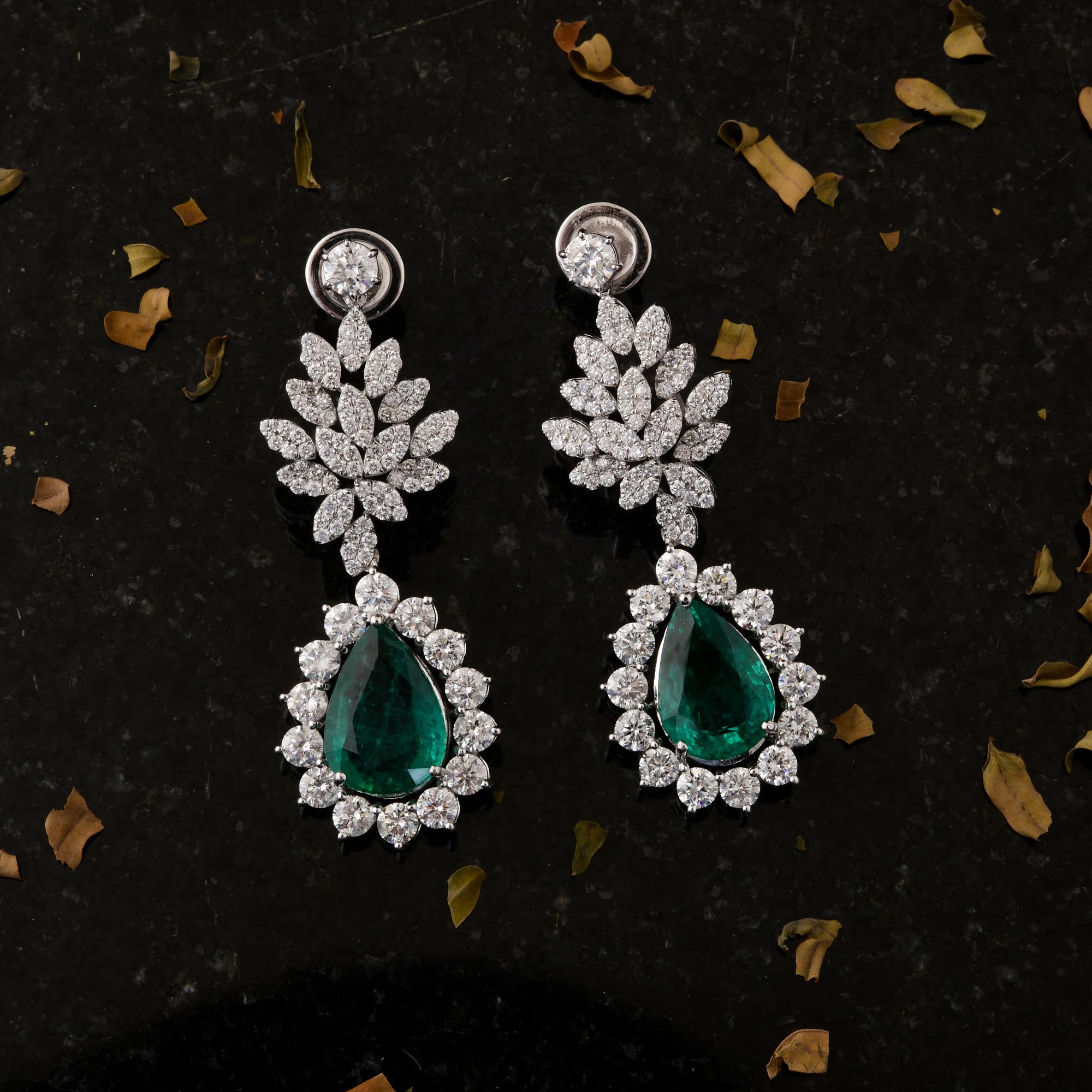 Modern 6.28 Carat Pear Zambian Emerald Earrings 4.45 Carat SI/H Diamond 18k White Gold For Sale