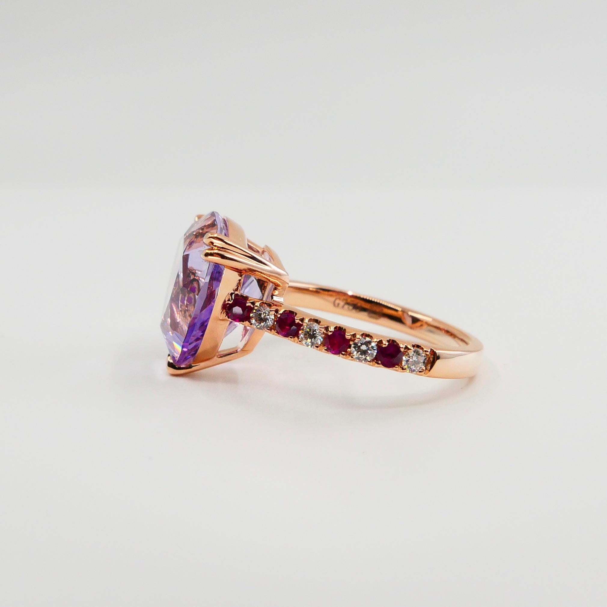 6.28 Carat Trillion Cut Amethyst, Ruby and Diamond Cocktail Ring, 18k Rose Gold For Sale 5