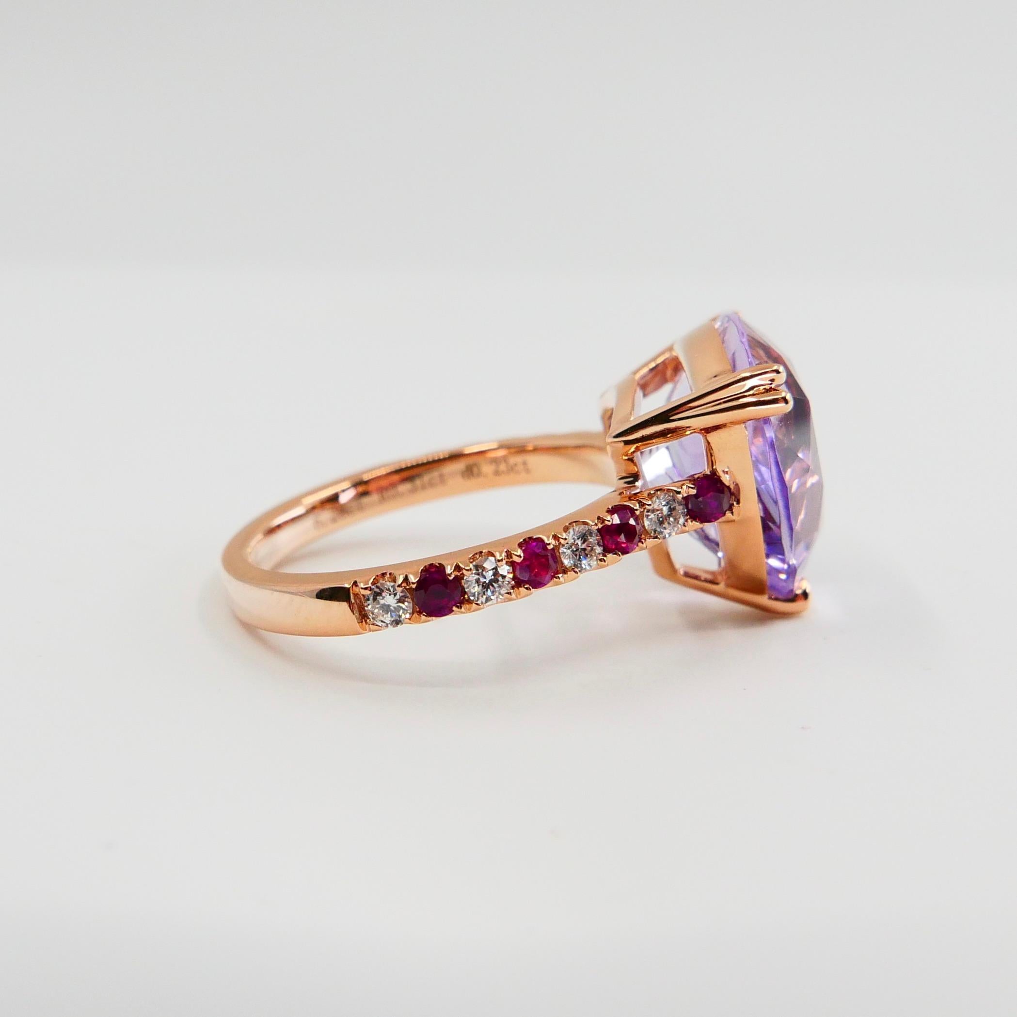 6.28 Carat Trillion Cut Amethyst, Ruby and Diamond Cocktail Ring, 18k Rose Gold For Sale 7