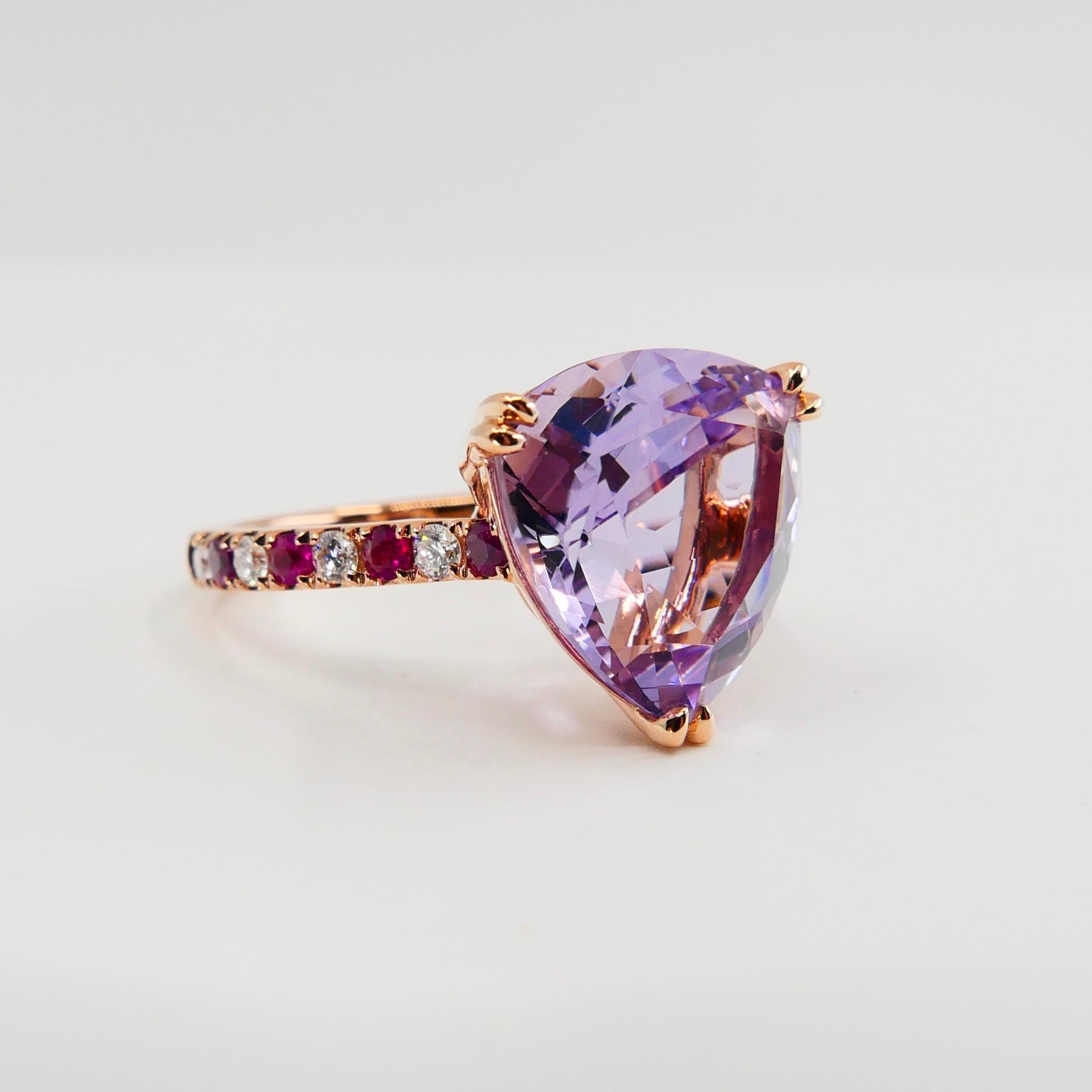 14.5mm x 13.5mm Trillion Cut Amethyst, Ruby and Diamond Cocktail Ring. Rose Gold For Sale 7