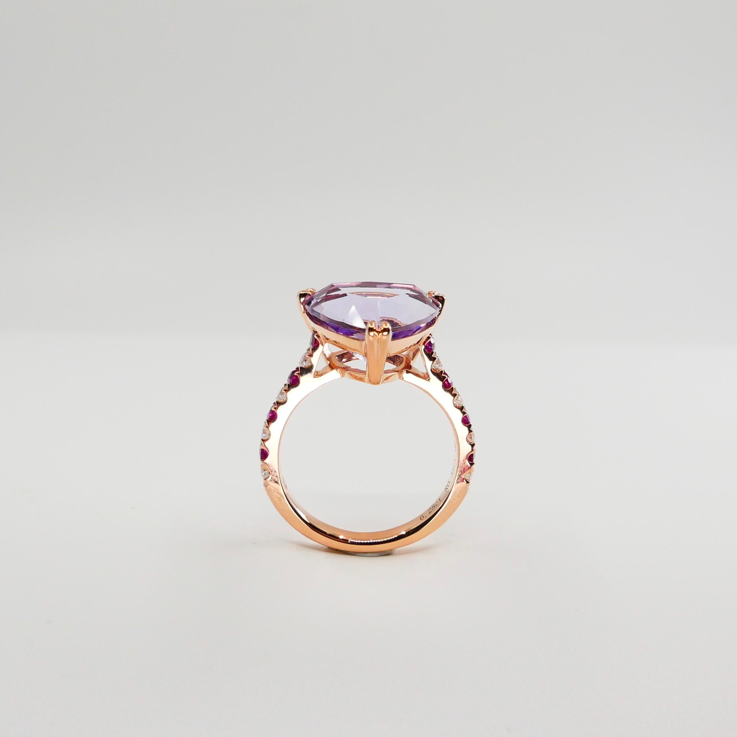 Women's 6.28 Carat Trillion Cut Amethyst, Ruby and Diamond Cocktail Ring, 18k Rose Gold For Sale