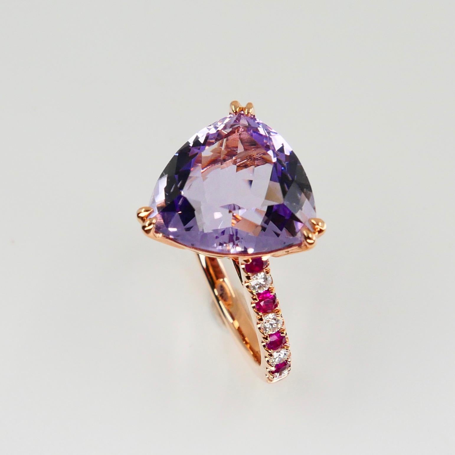 6.28 Carat Trillion Cut Amethyst, Ruby and Diamond Cocktail Ring, 18k Rose Gold For Sale 1