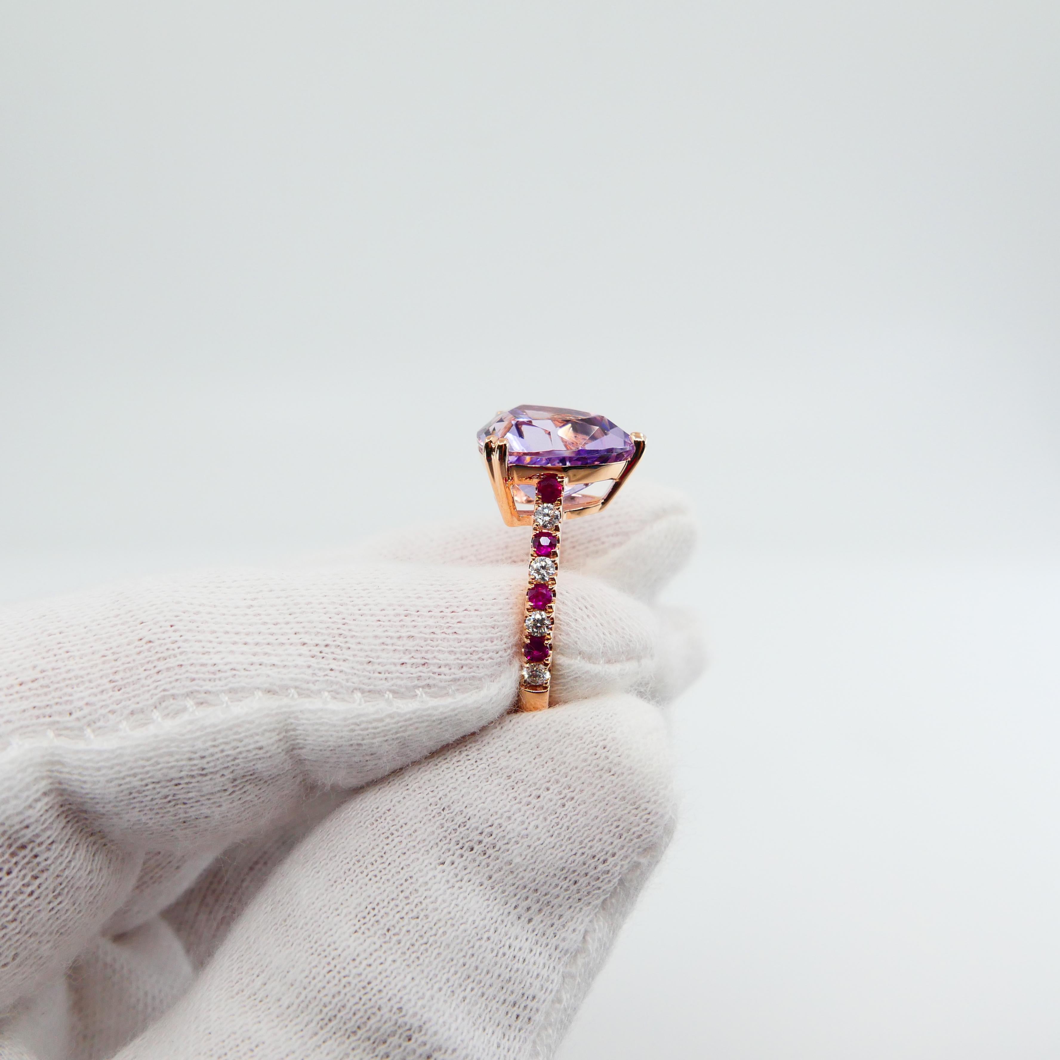 6.28 Carat Trillion Cut Amethyst, Ruby and Diamond Cocktail Ring, 18k Rose Gold For Sale 2