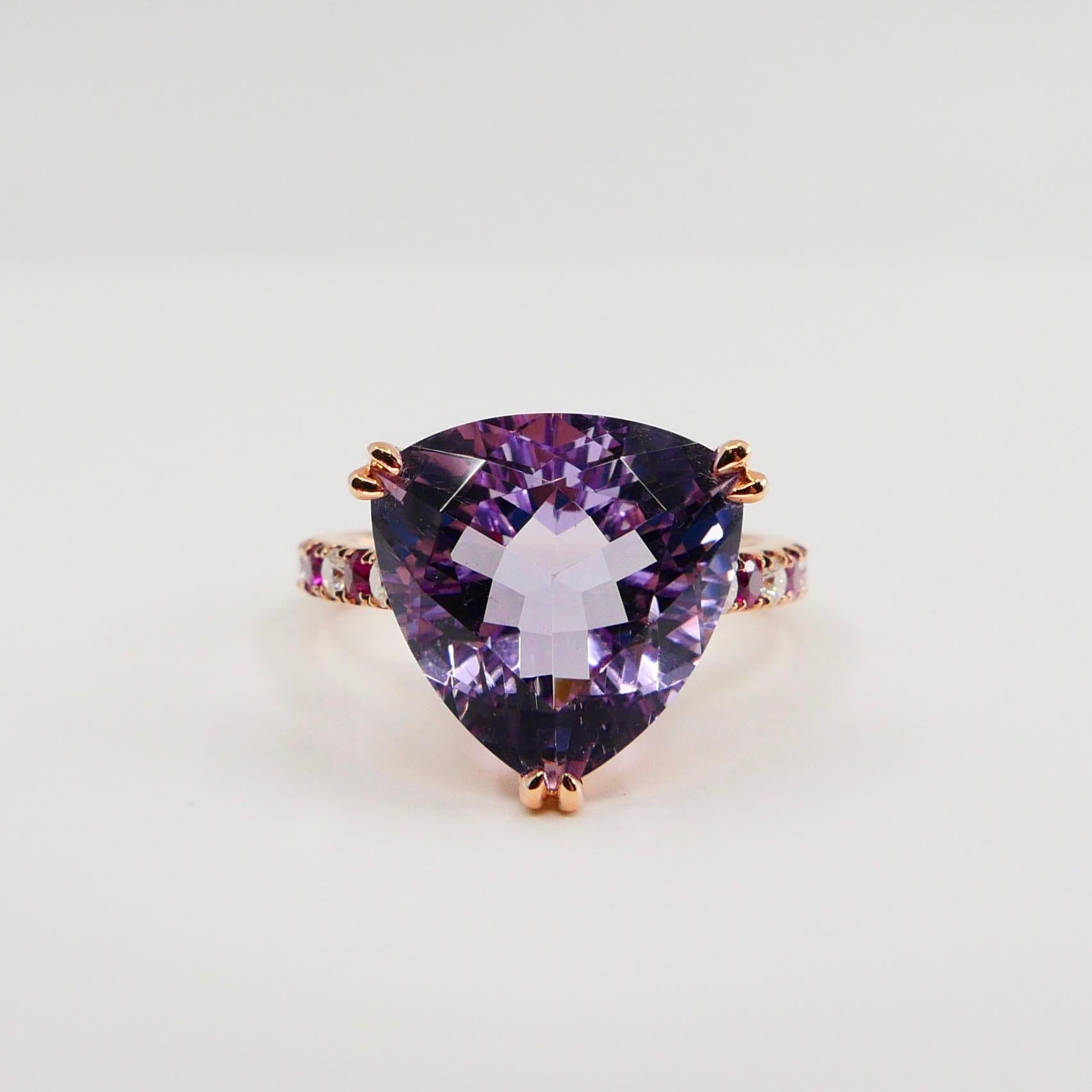 6.28 Carat Trillion Cut Amethyst, Ruby and Diamond Cocktail Ring, 18k Rose Gold For Sale 3