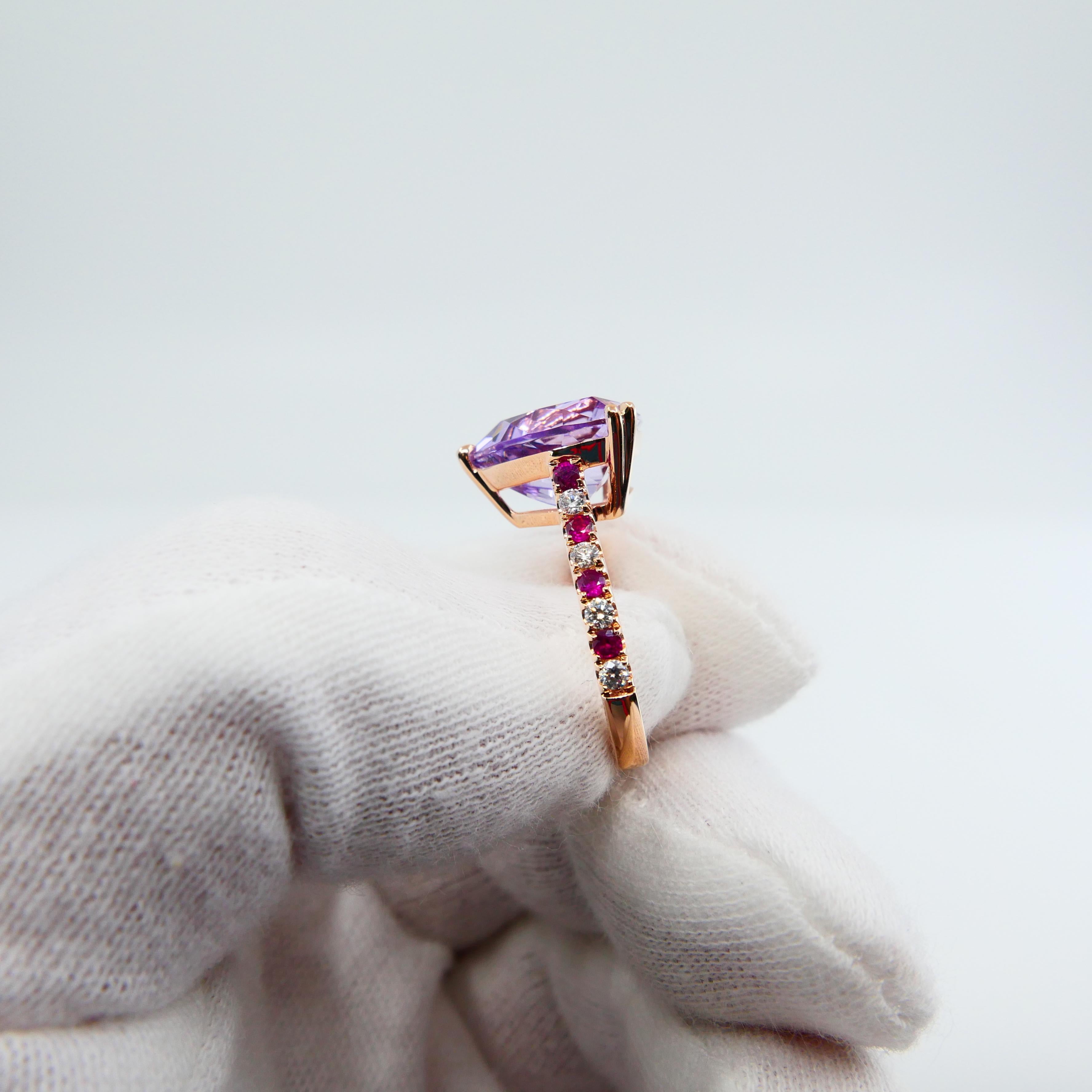 6.28 Carat Trillion Cut Amethyst, Ruby and Diamond Cocktail Ring, 18k Rose Gold For Sale 4
