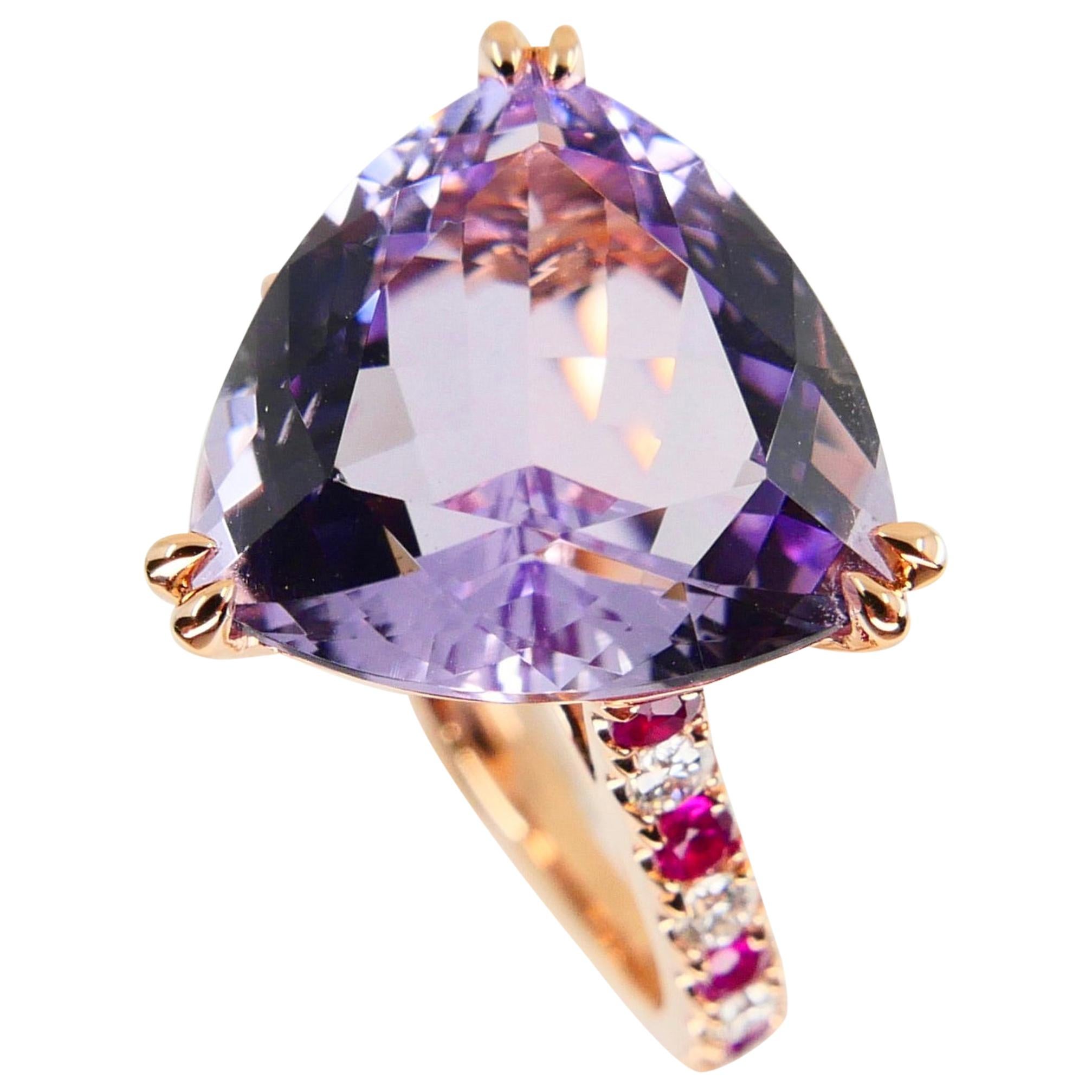 6.28 Carat Trillion Cut Amethyst, Ruby and Diamond Cocktail Ring, 18k Rose Gold