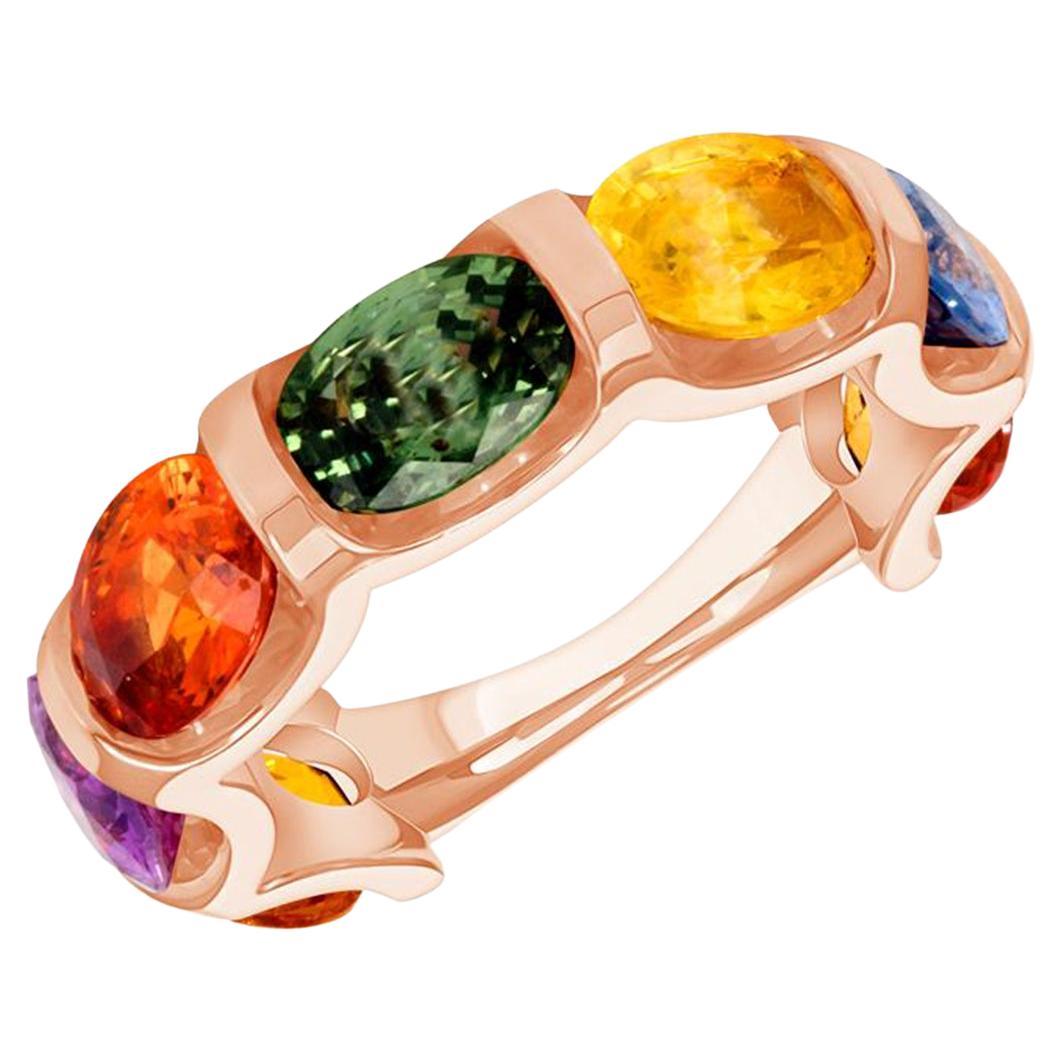 6.28 Ct Multi Color Sapphire 14K Rose Gold Band Ring For Sale