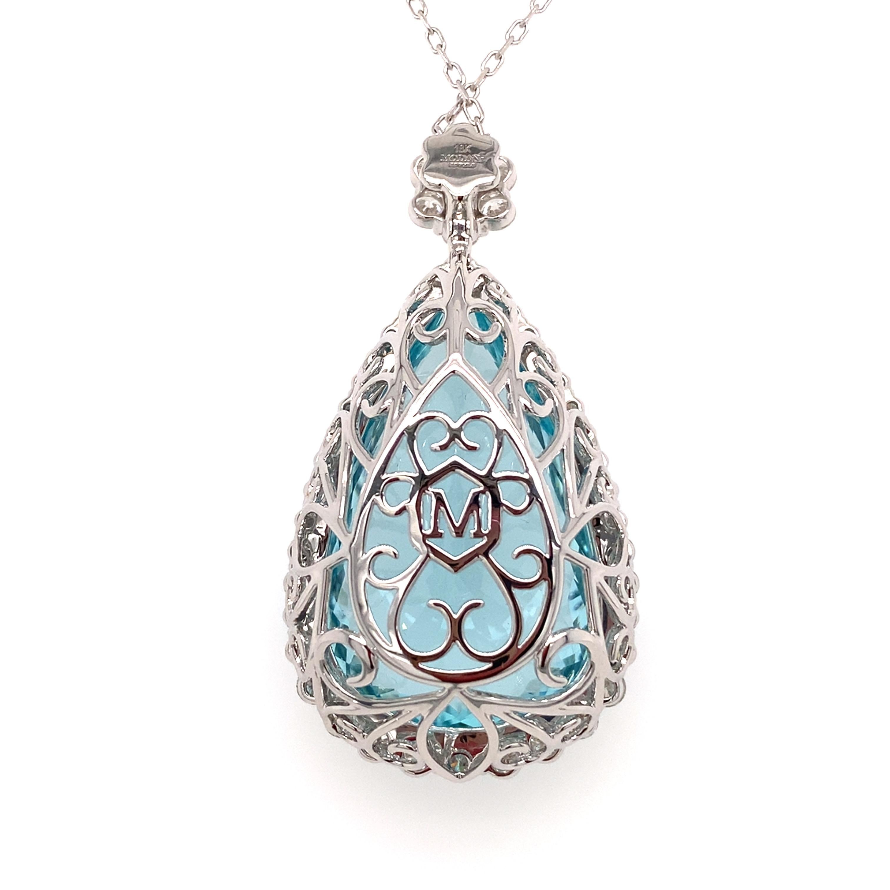 62.85 Carat Pear Cut Aquamarine Diamond White Gold Pendant Necklace en vente 7