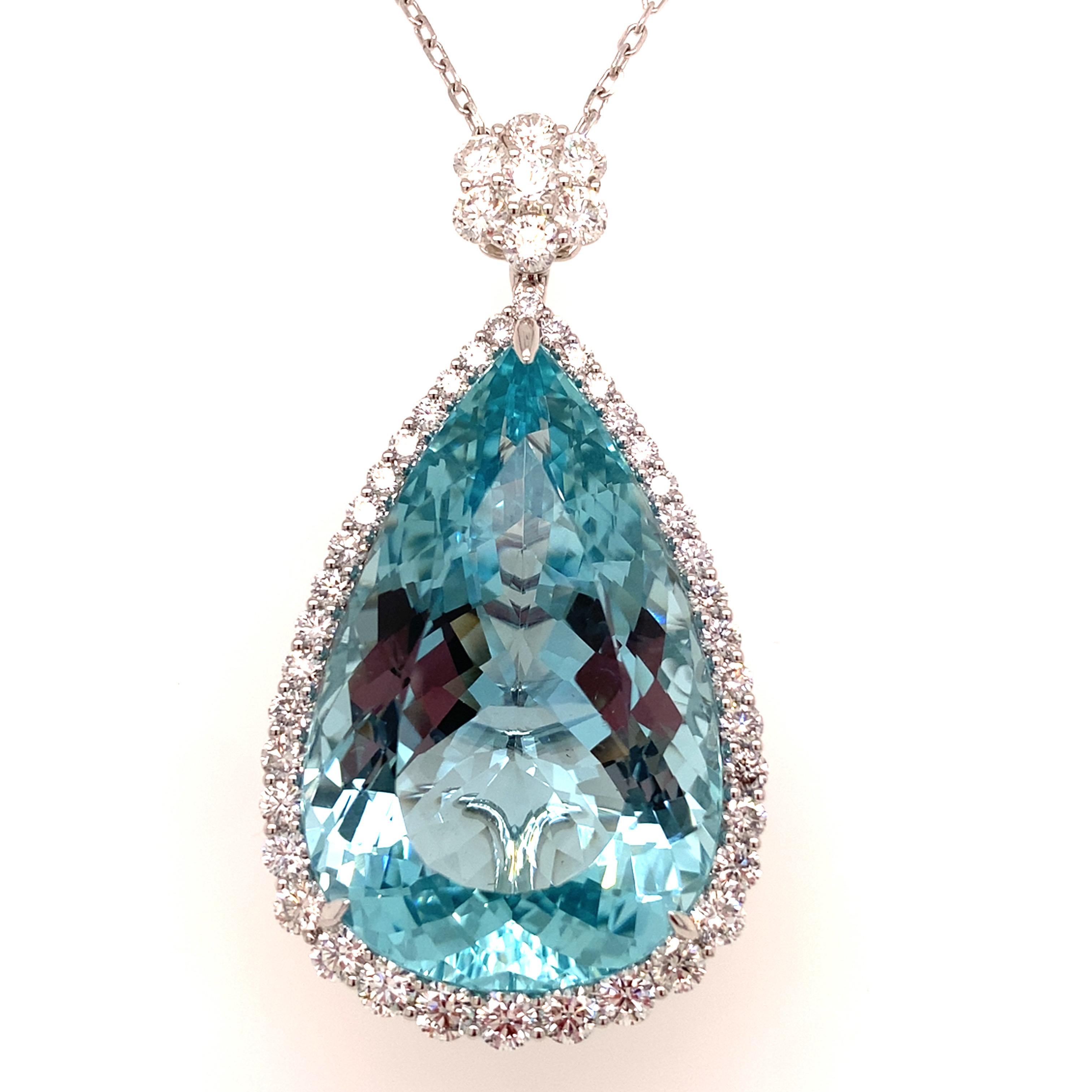 Artisan 62.85 Carat Pear Cut Aquamarine Diamond White Gold Pendant Necklace en vente