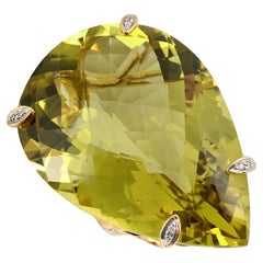 62.87 Carats Olive Green Quartz Diamonds set in 18K Yellow Gold Ring
