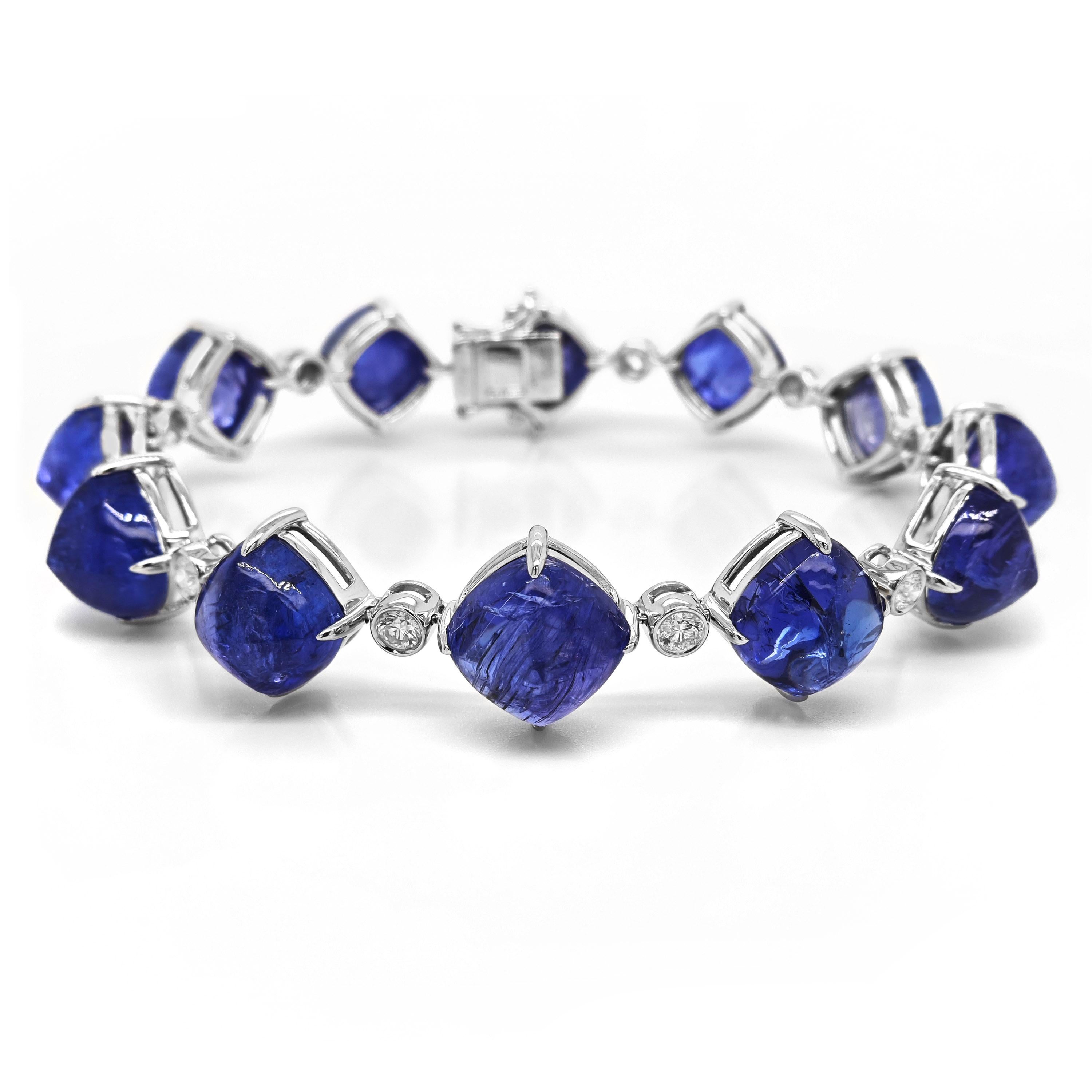Sugarloaf Cabochon 62.89 Carats Tanzanite and White Diamond White Gold Bracelet For Sale