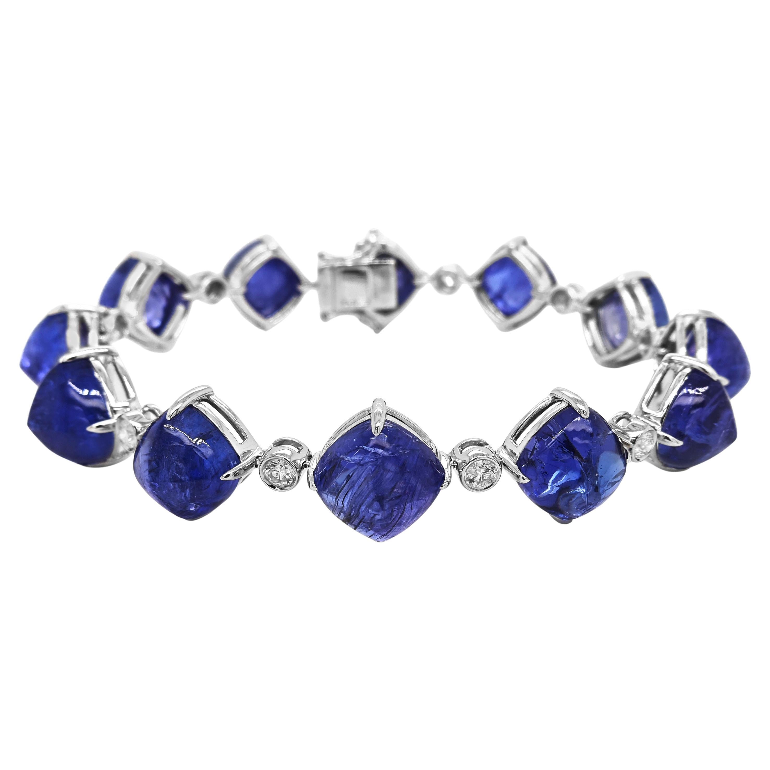 62.89 Carats Tanzanite and White Diamond White Gold Bracelet