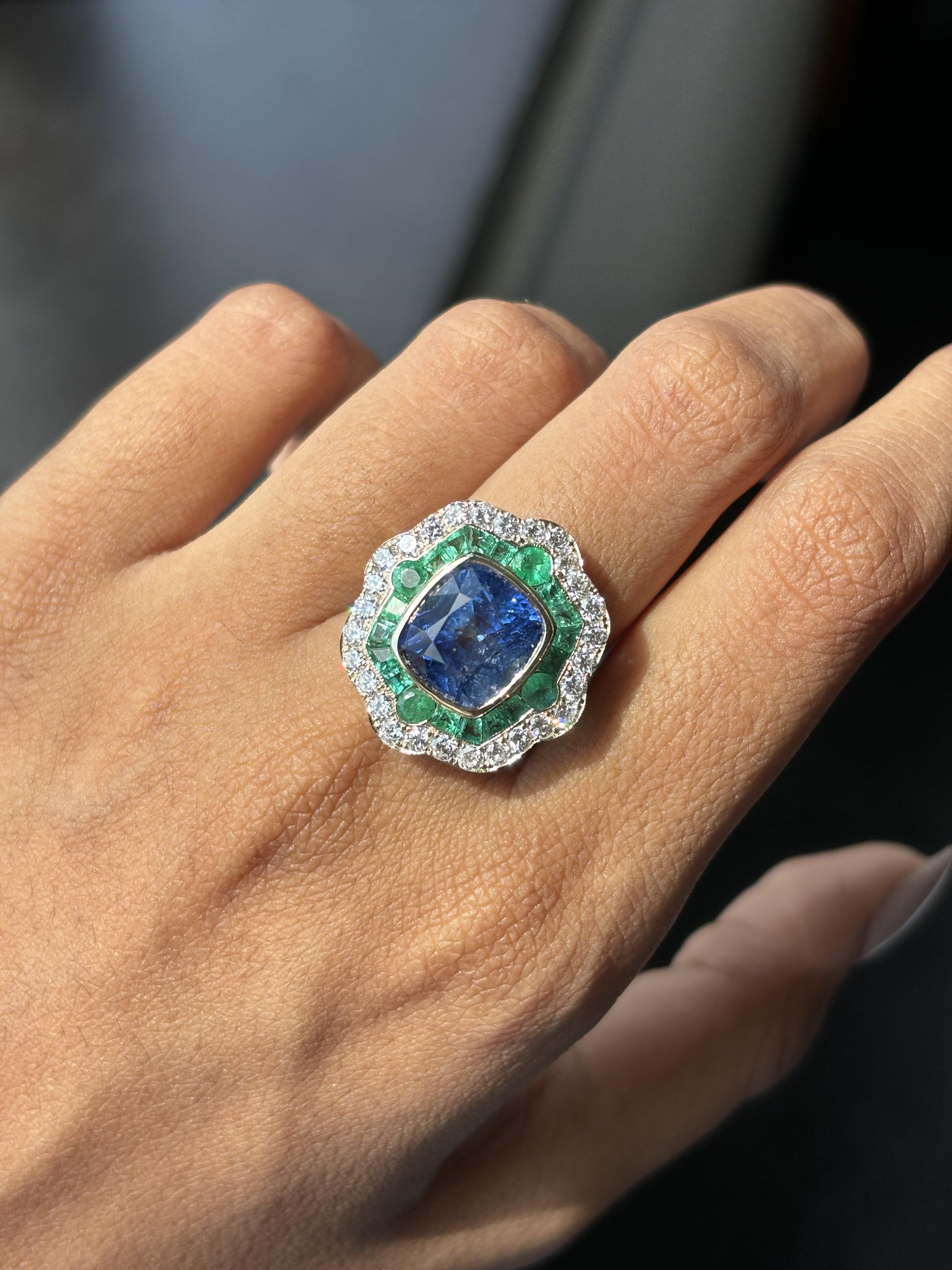 6.28ct Cornflower Blue Sapphire, 1.60ct Emerald, 1.02ct Diamond 18K Gold Ring 8